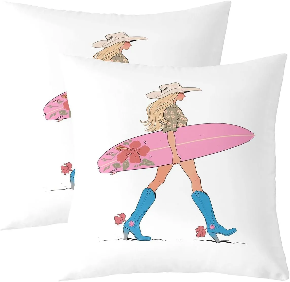 Manfei Western Cowgirl Throw Pillow Cover,Cowgirl Boots Surfboard Summer Beach Double Sides Pillow Case,Flowers Rustic Lake House Cabin Pink Chic Bed Couch Sofa Cushion Cover,4 Pack 40"x40"