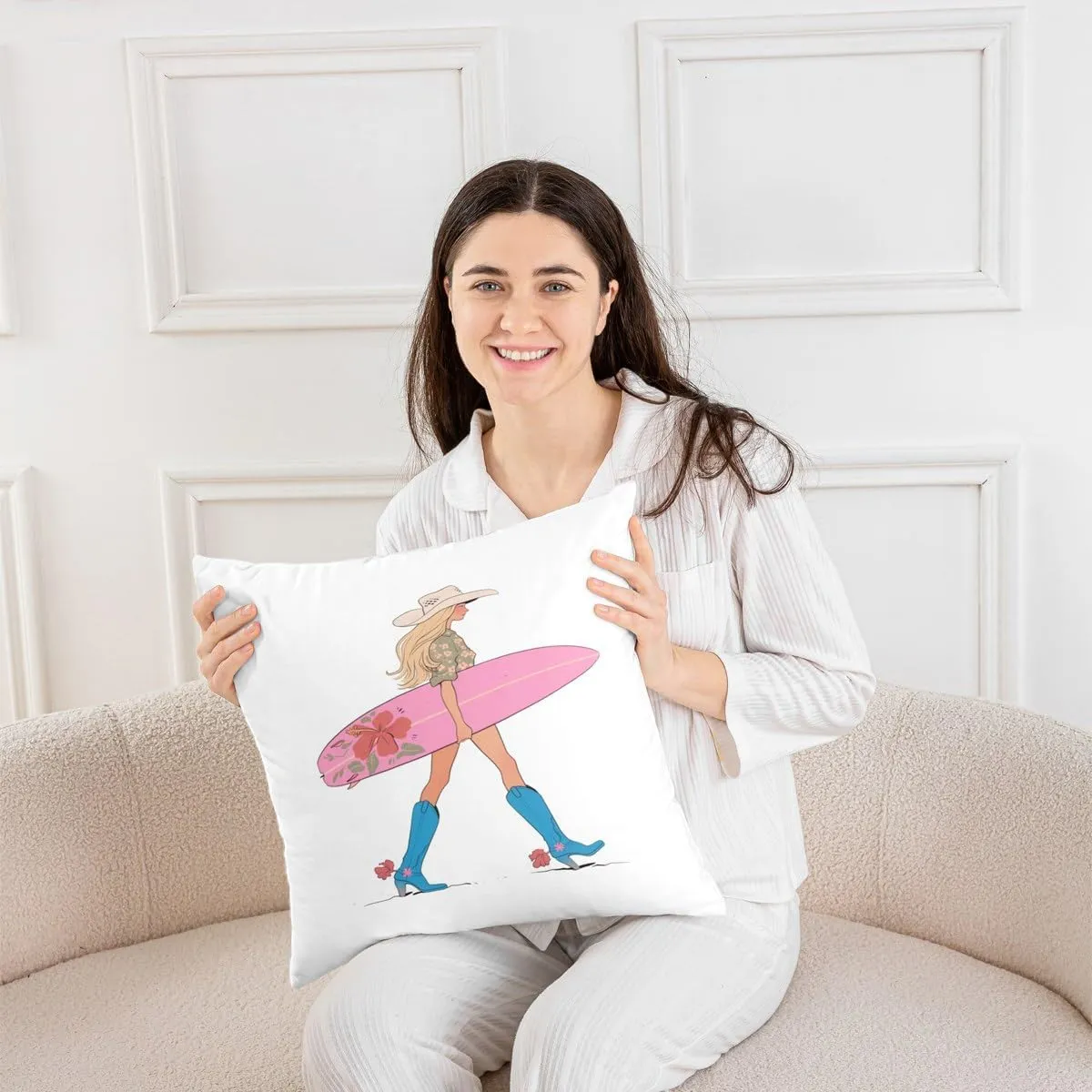 Manfei Western Cowgirl Throw Pillow Cover,Cowgirl Boots Surfboard Summer Beach Double Sides Pillow Case,Flowers Rustic Lake House Cabin Pink Chic Bed Couch Sofa Cushion Cover,4 Pack 40"x40"