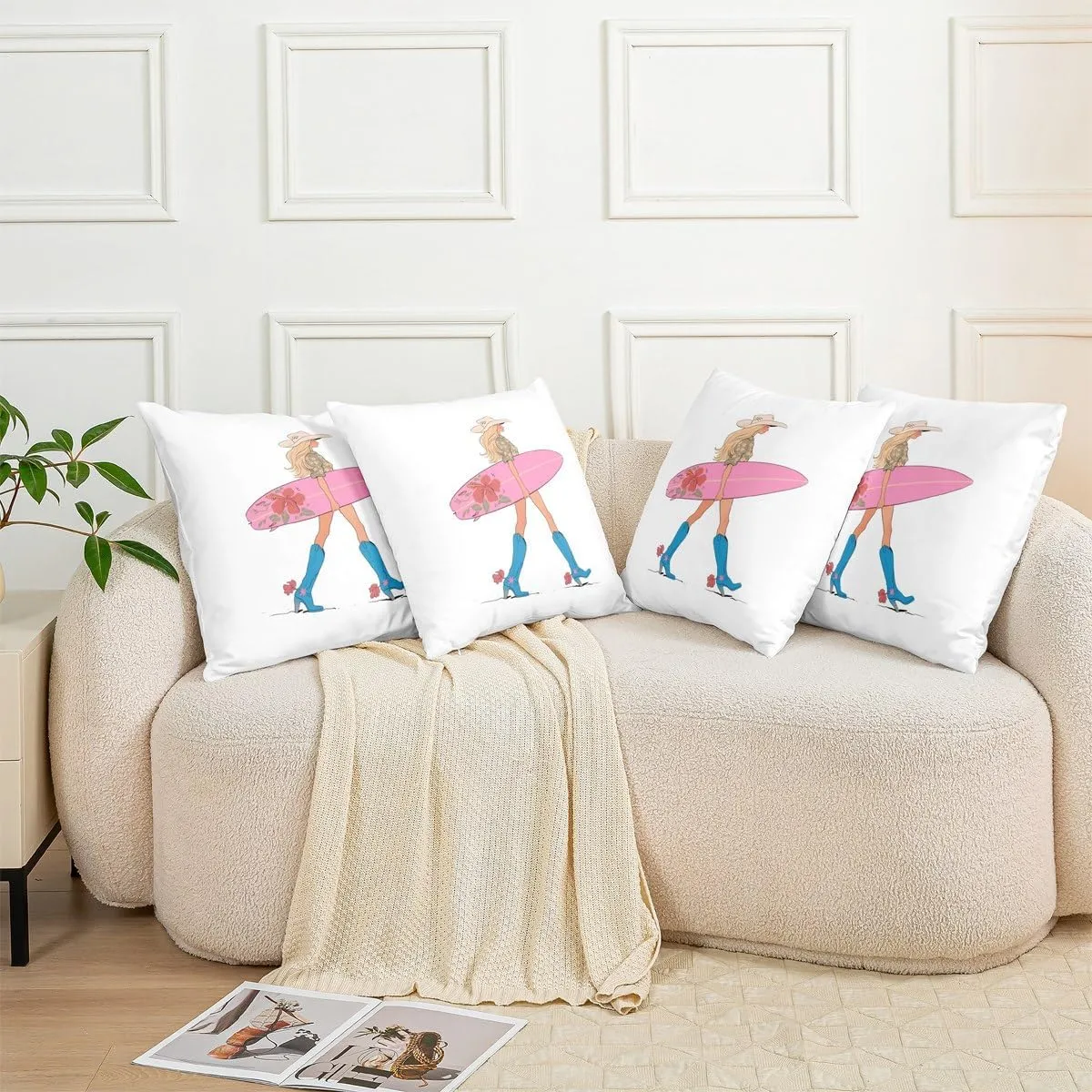 Manfei Western Cowgirl Throw Pillow Cover,Cowgirl Boots Surfboard Summer Beach Double Sides Pillow Case,Flowers Rustic Lake House Cabin Pink Chic Bed Couch Sofa Cushion Cover,4 Pack 40"x40"
