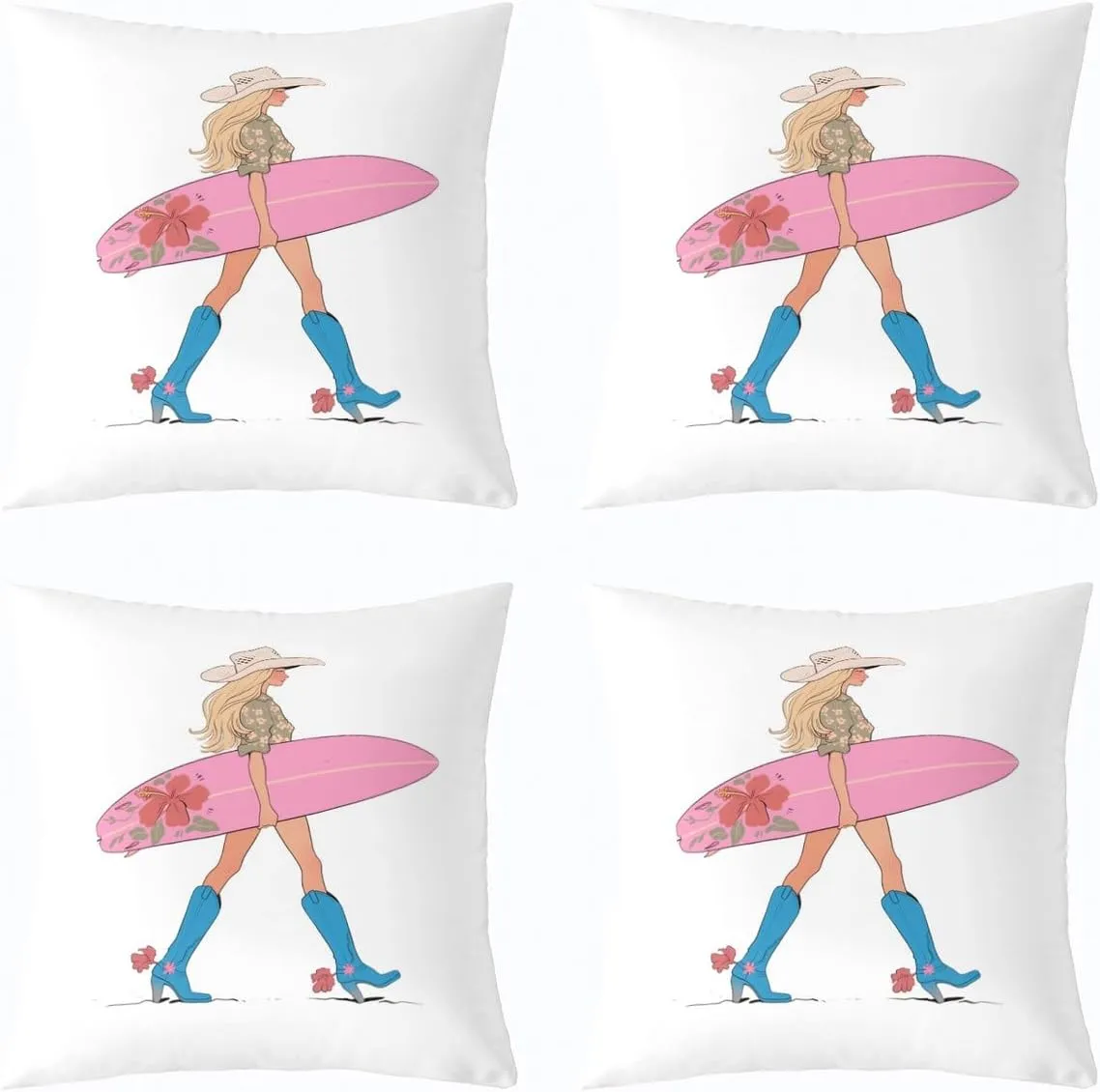 Manfei Western Cowgirl Throw Pillow Cover,Cowgirl Boots Surfboard Summer Beach Double Sides Pillow Case,Flowers Rustic Lake House Cabin Pink Chic Bed Couch Sofa Cushion Cover,4 Pack 40"x40"