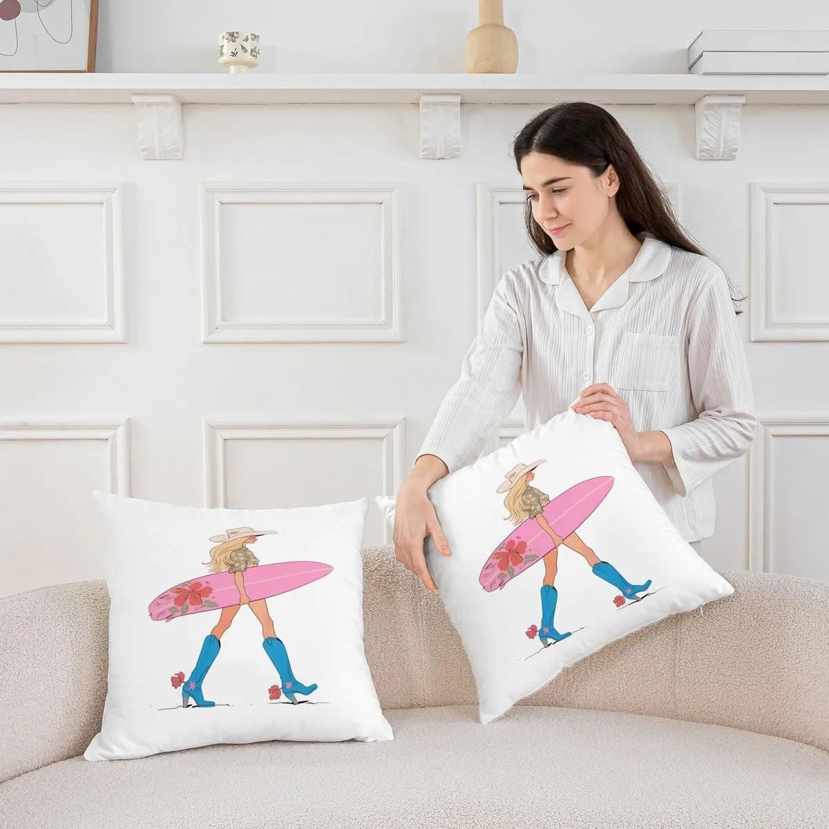 Manfei Western Cowgirl Throw Pillow Cover,Cowgirl Boots Surfboard Summer Beach Double Sides Pillow Case,Flowers Rustic Lake House Cabin Pink Chic Bed Couch Sofa Cushion Cover,4 Pack 40"x40"