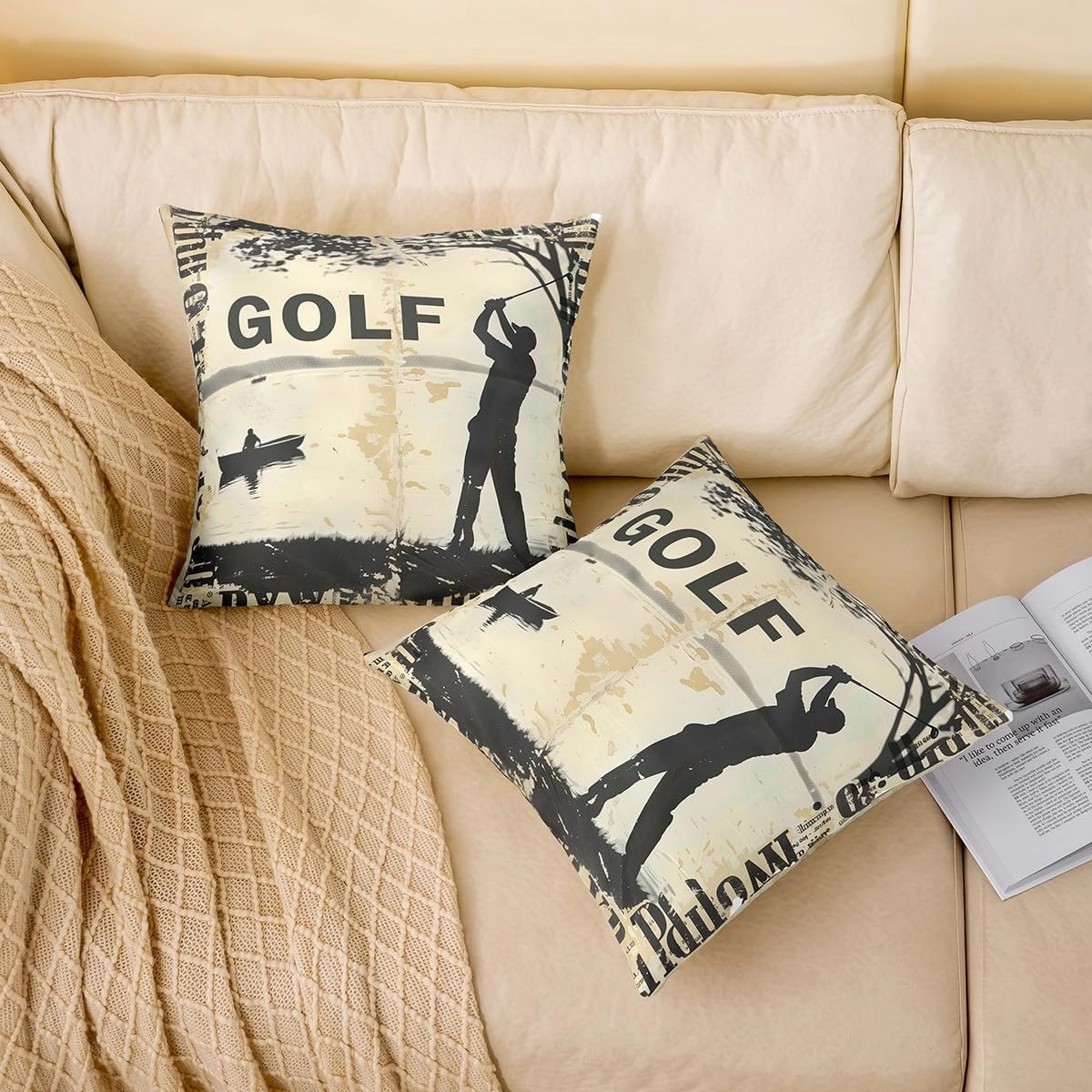 Manfei Golf Double Sides Print Pillow Covers,Vintage Sports Game Golf Club Player Silhouette Throw Pillow Case Covers,Rustic Lake House Boating Beige Black 20"x 20" Cushion Covers,Pack of 2