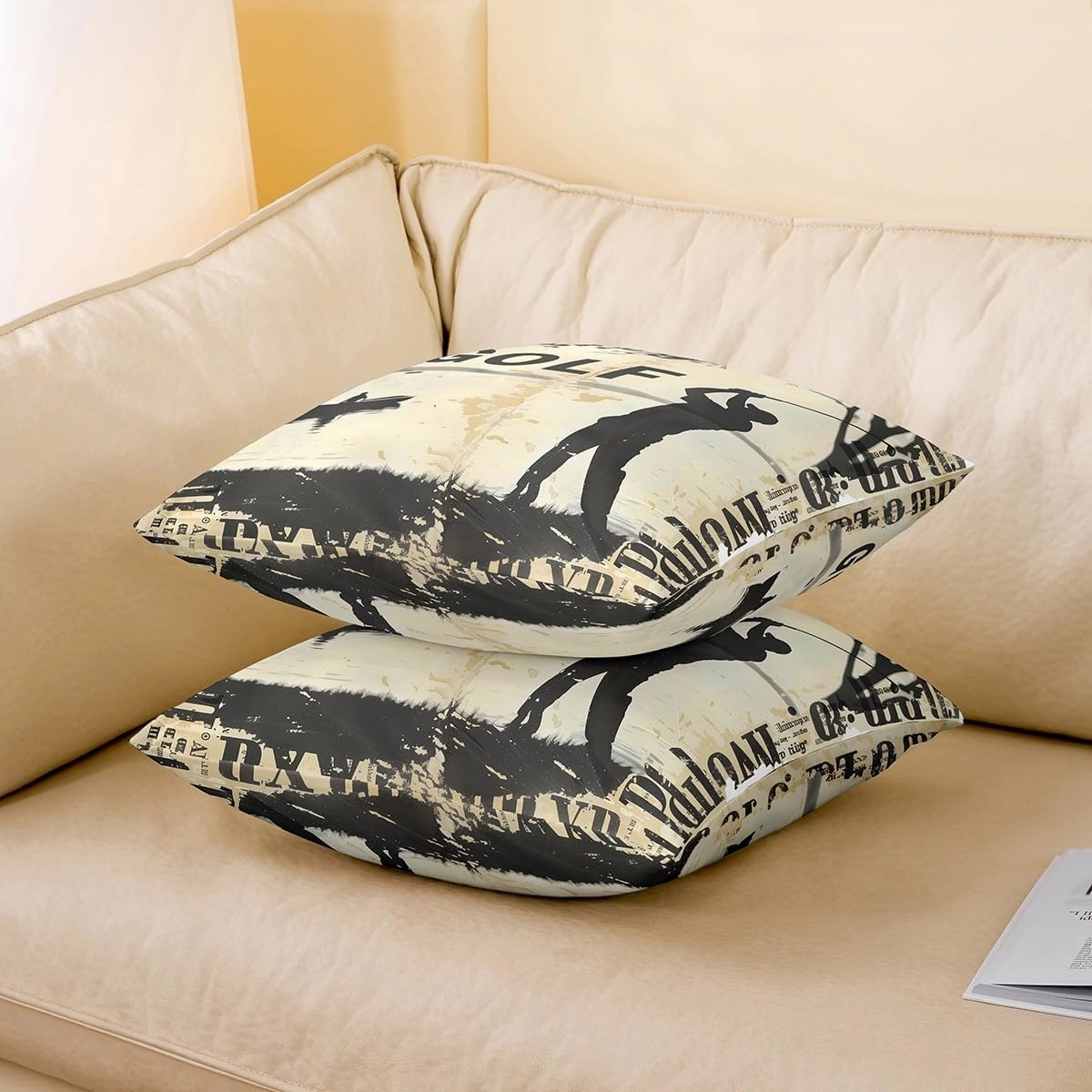 Manfei Golf Double Sides Print Pillow Covers,Vintage Sports Game Golf Club Player Silhouette Throw Pillow Case Covers,Rustic Lake House Boating Beige Black 20"x 20" Cushion Covers,Pack of 2