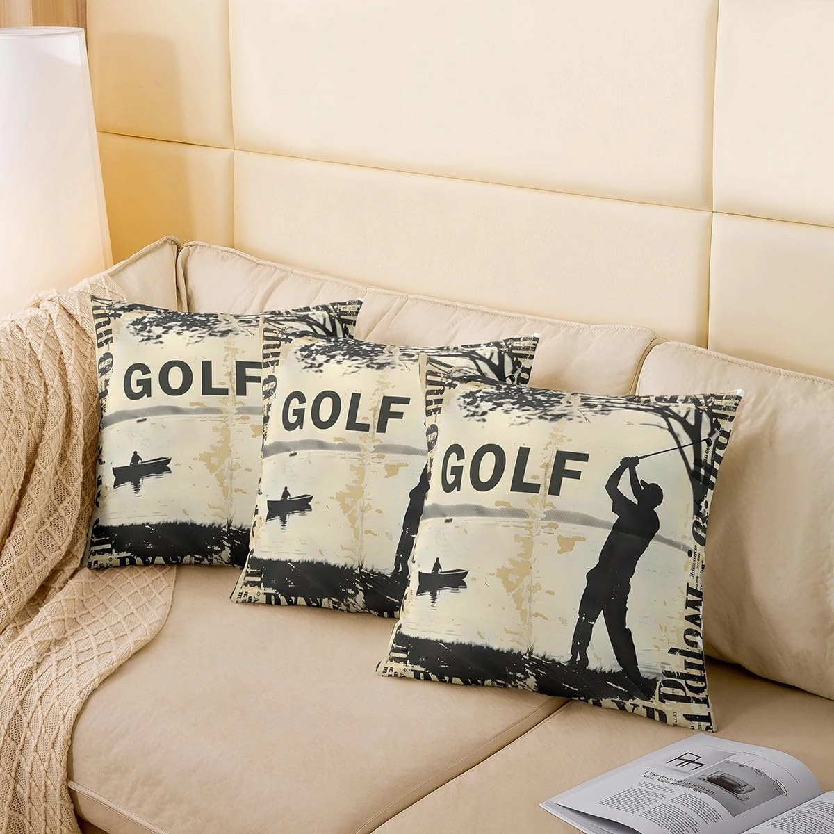 Manfei Golf Double Sides Print Pillow Covers,Vintage Sports Game Golf Club Player Silhouette Throw Pillow Case Covers,Rustic Lake House Boating Beige Black 20"x 20" Cushion Covers,Pack of 2