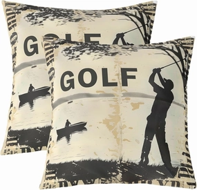 Manfei Golf Double Sides Print Pillow Covers,Vintage Sports Game Golf Club Player Silhouette Throw Pillow Case Covers,Rustic Lake House Boating Beige Black 20"x 20" Cushion Covers,Pack of 2