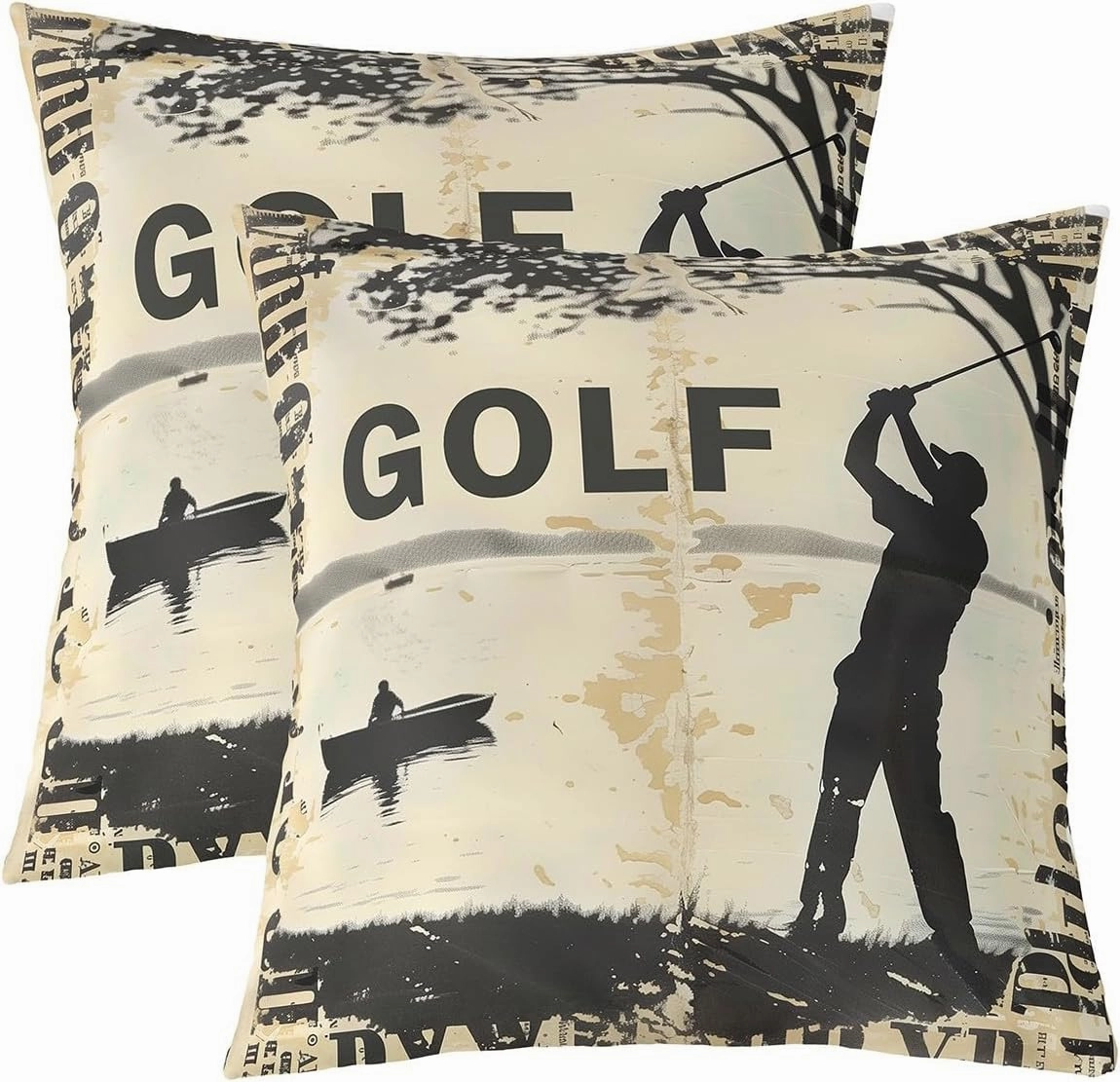Manfei Golf Double Sides Print Pillow Covers,Vintage Sports Game Golf Club Player Silhouette Throw Pillow Case Covers,Rustic Lake House Boating Beige Black 20"x 20" Cushion Covers,Pack of 2