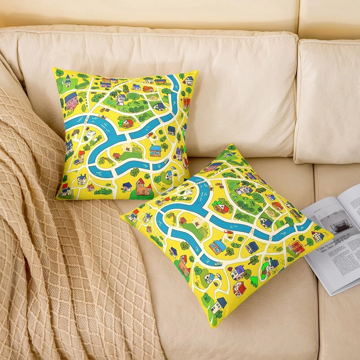 Manfei Rustic Countryside Double Sides Print Pillow Covers,Suburb House Tree River Hand Graffiti Pillowcase 2 Pack Cushion Case 24"x 24",Yellow Nature Roadway Landscape Throw Pillow Covers