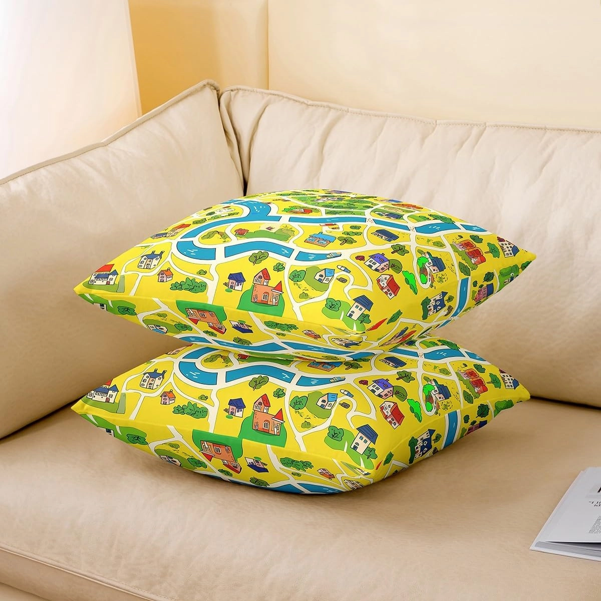 Manfei Rustic Countryside Double Sides Print Pillow Covers,Suburb House Tree River Hand Graffiti Pillowcase 2 Pack Cushion Case 24"x 24",Yellow Nature Roadway Landscape Throw Pillow Covers