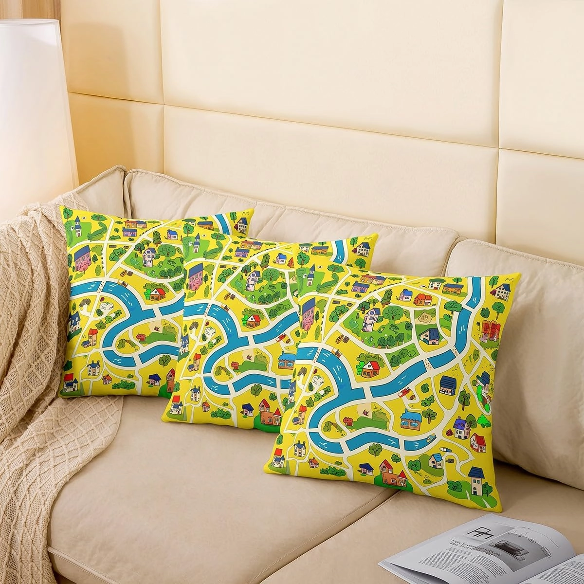 Manfei Rustic Countryside Double Sides Print Pillow Covers,Suburb House Tree River Hand Graffiti Pillowcase 2 Pack Cushion Case 24"x 24",Yellow Nature Roadway Landscape Throw Pillow Covers