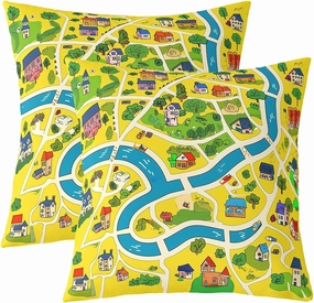 Manfei Rustic Countryside Double Sides Print Pillow Covers,Suburb House Tree River Hand Graffiti Pillowcase 2 Pack Cushion Case 24"x 24",Yellow Nature Roadway Landscape Throw Pillow Covers