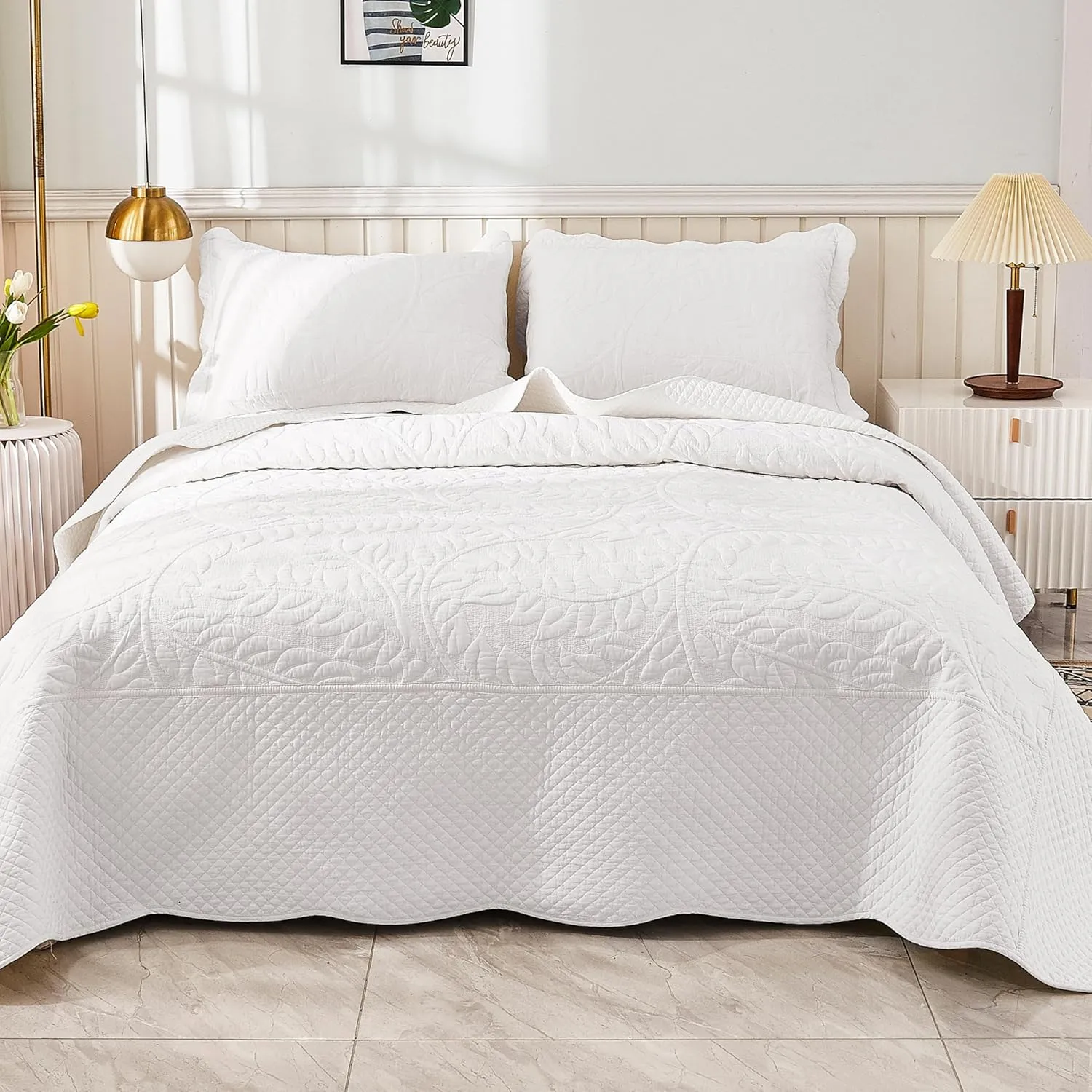 MarCielo 3-Piece 100% Cotton Oversized Bedspread Lightweight Quilt Coverlet Embroidery Farmhouse Bedding Set T0 (Bright White, Queen (100"x106"))