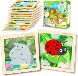Marlo & Buzz Set of 12 Wooden Animal Joy Puzzles for Kids Ages 3-5 Years Old, 20 Pieces Jigsaw Colorful Educational Animals Puzzle Toy for Toddlers