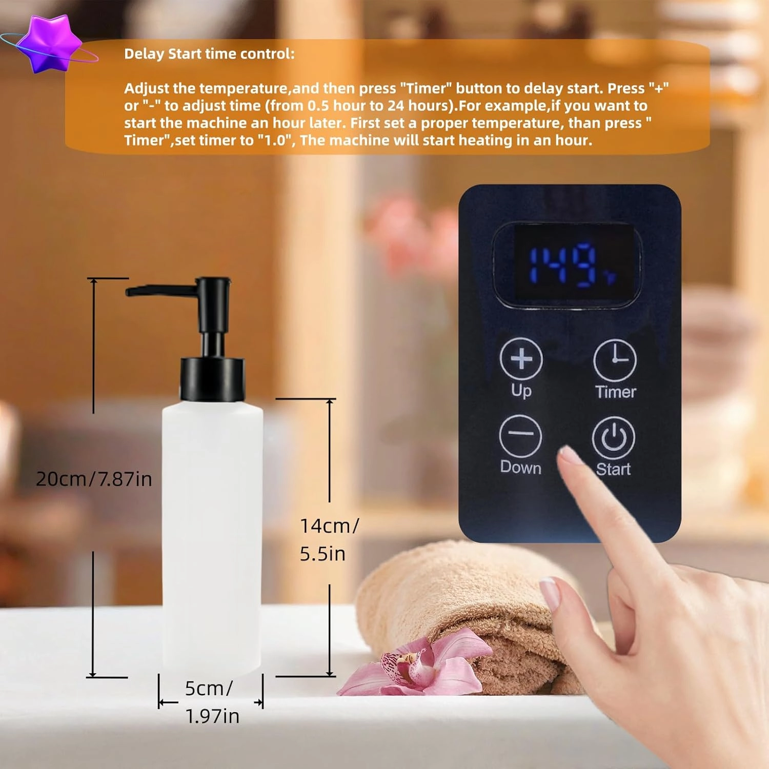 Massage Oil Warmer heater,oil warmer for massage,lotion Warmer for Spa,Salon and Barber Shops,with 2 Oil Bottle Dispenser,1 White funnel,Atmosphere lights,Temperature control,Time delay start,Black