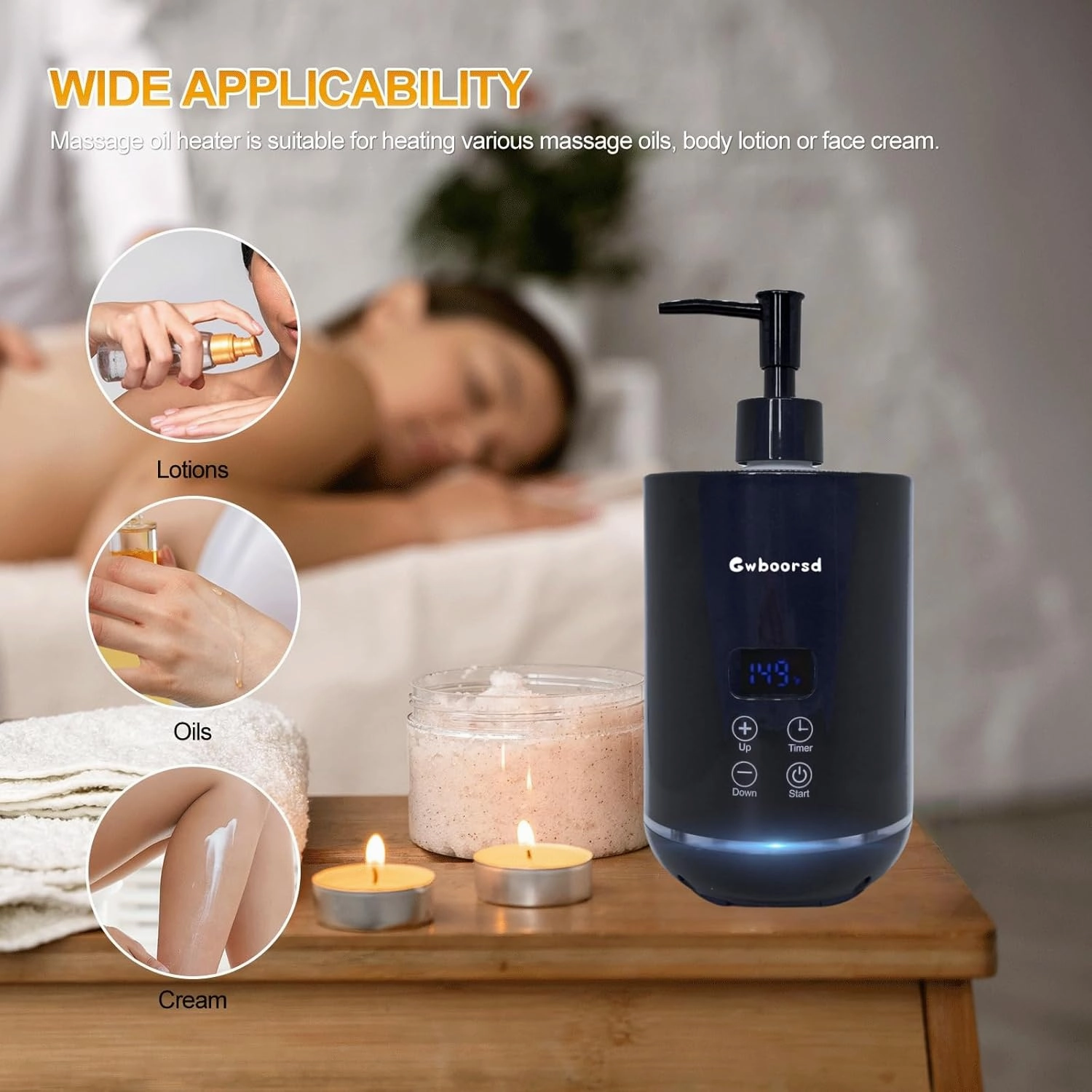 Massage Oil Warmer heater,oil warmer for massage,lotion Warmer for Spa,Salon and Barber Shops,with 2 Oil Bottle Dispenser,1 White funnel,Atmosphere lights,Temperature control,Time delay start,Black