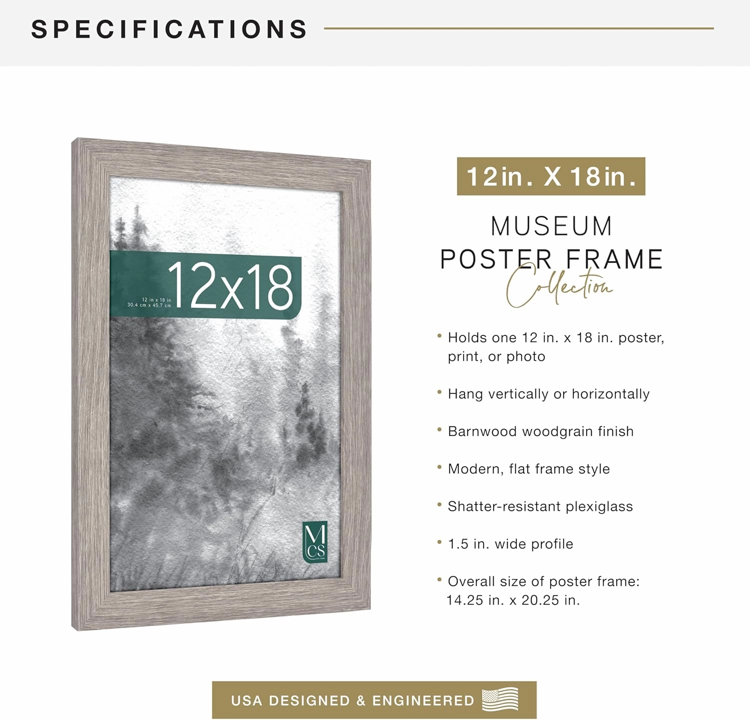 MCS Museum Poster Frame 12x18 Barnwood, Vertical & Horizontal Wall Hanging Large Picture Frame for Photos, Posters & Art Prints (1-Pack)