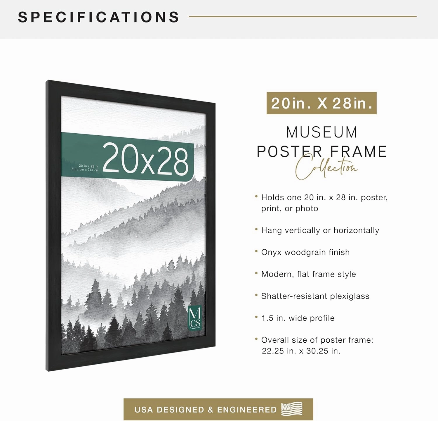 MCS Museum Poster Frame 20x28 Onyx, Vertical & Horizontal Wall Hanging Large Picture Frame for Photos, Posters & Art Prints (1-Pack)