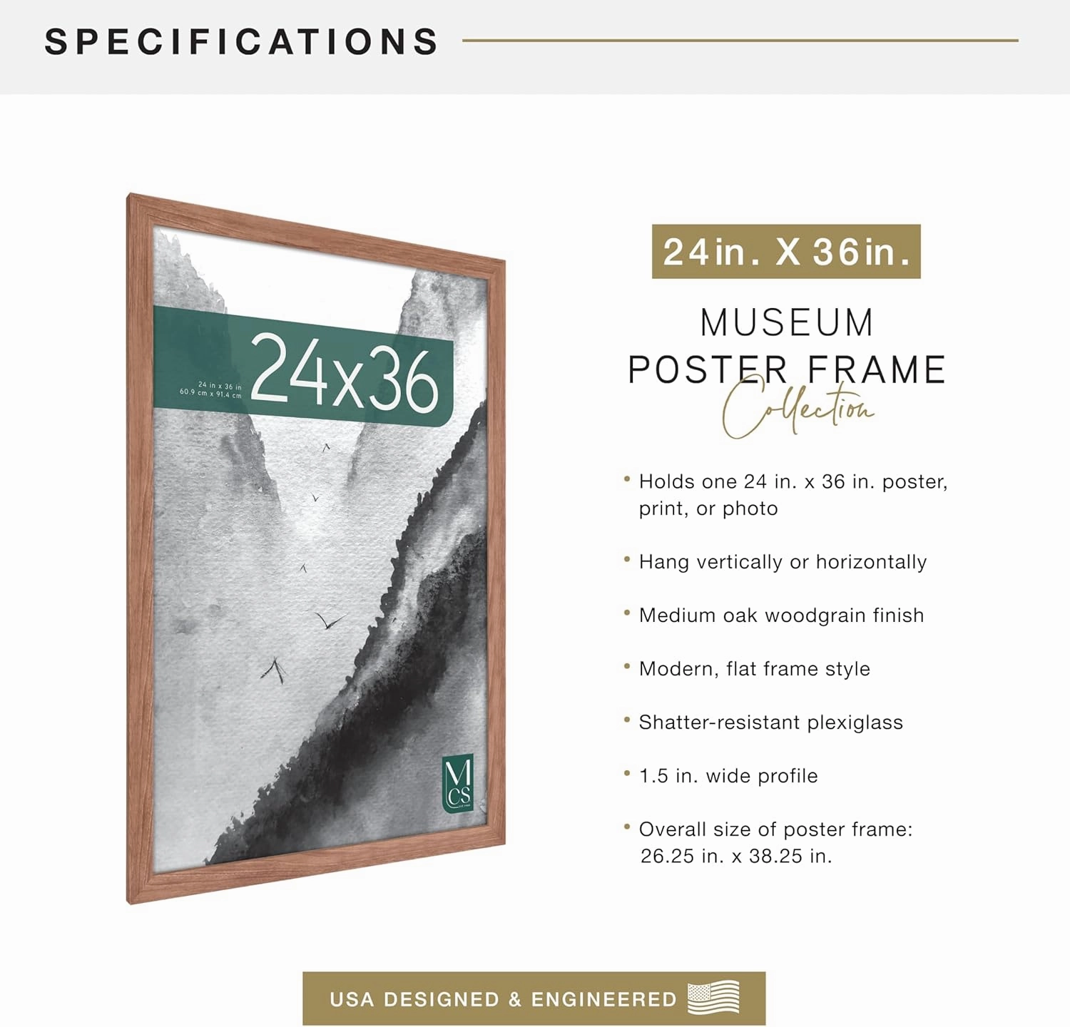MCS Museum Poster Frame 24x36 Medium Oak, Vertical & Horizontal Wall Hanging Large Picture Frame for Photos, Posters & Art Prints (1-Pack)