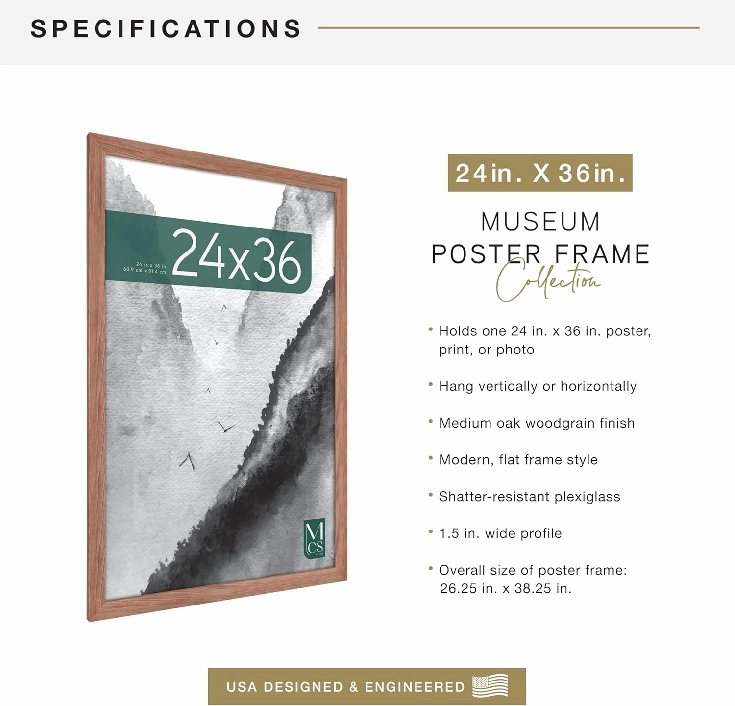 MCS Museum Poster Frame 24x36 Medium Oak, Vertical & Horizontal Wall Hanging Large Picture Frame for Photos, Posters & Art Prints (1-Pack)