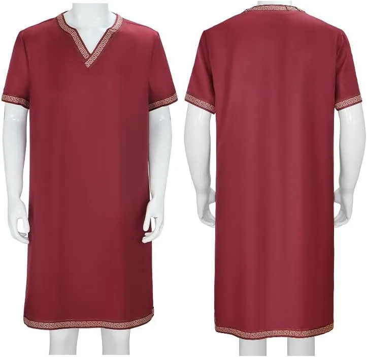 Men Medieval Tunic Robe Ethnic Kaftan Robes Roman Warrior Half Sleeve Long Gown Robe