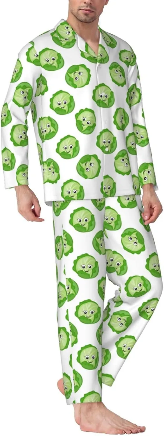 Mens Pajamas Set, Bright Cabbage Cute Eyes Funny Long Sleeve Soft Sleepwear Comfy Loungewear Mens Pjs Sets