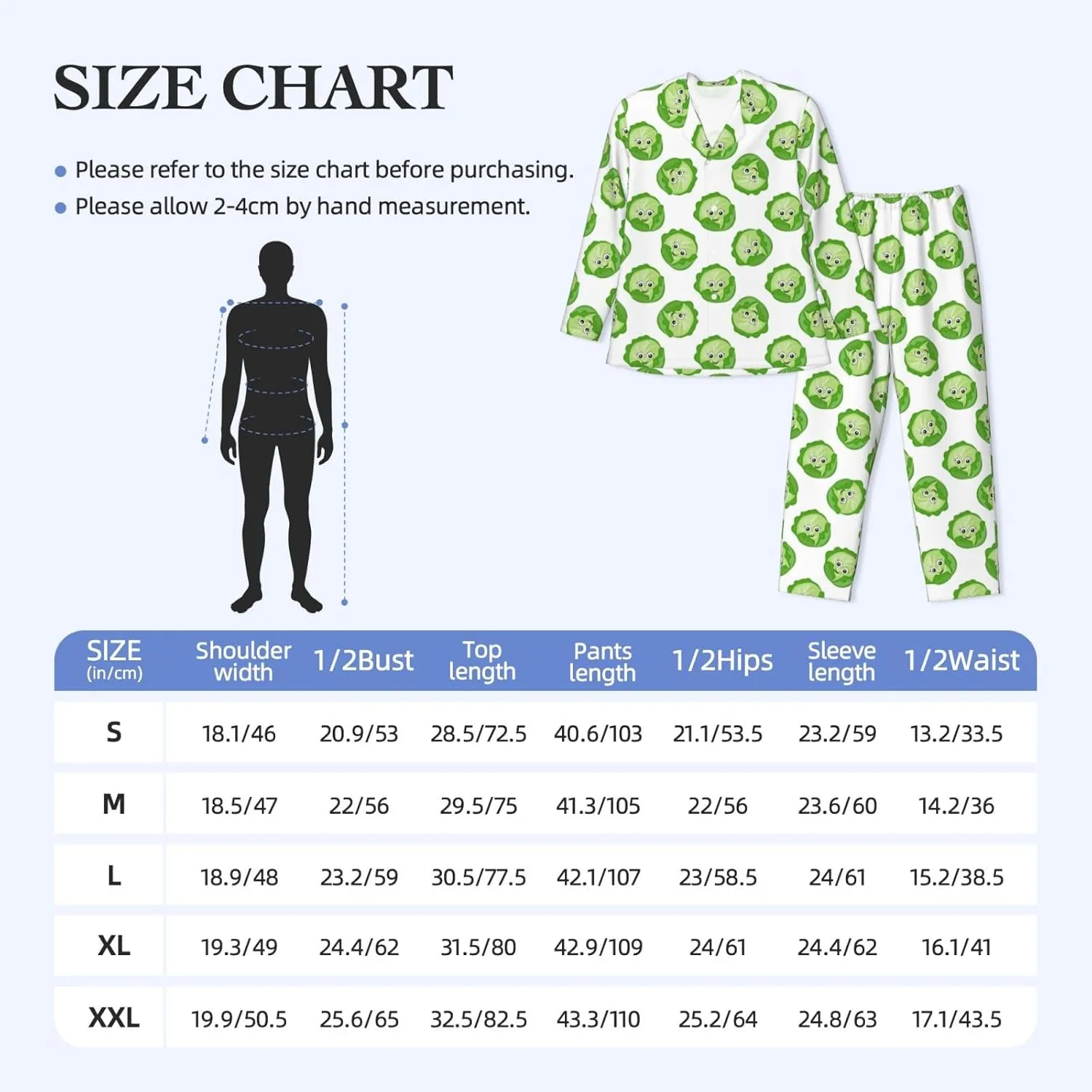 Mens Pajamas Set, Bright Cabbage Cute Eyes Funny Long Sleeve Soft Sleepwear Comfy Loungewear Mens Pjs Sets