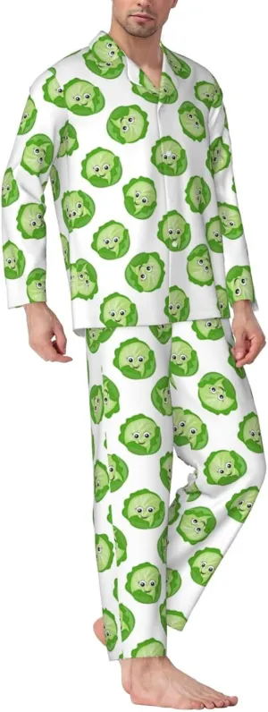 Mens Pajamas Set, Bright Cabbage Cute Eyes Funny Long Sleeve Soft Sleepwear Comfy Loungewear Mens Pjs Sets