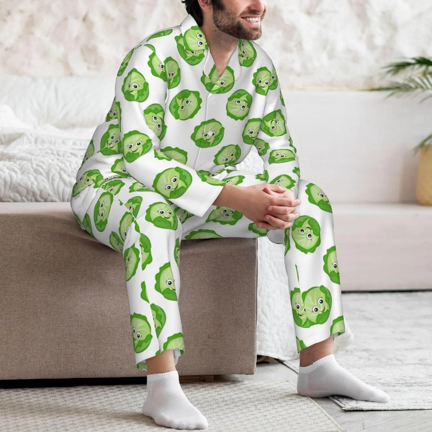 Mens Pajamas Set, Bright Cabbage Cute Eyes Funny Long Sleeve Soft Sleepwear Comfy Loungewear Mens Pjs Sets