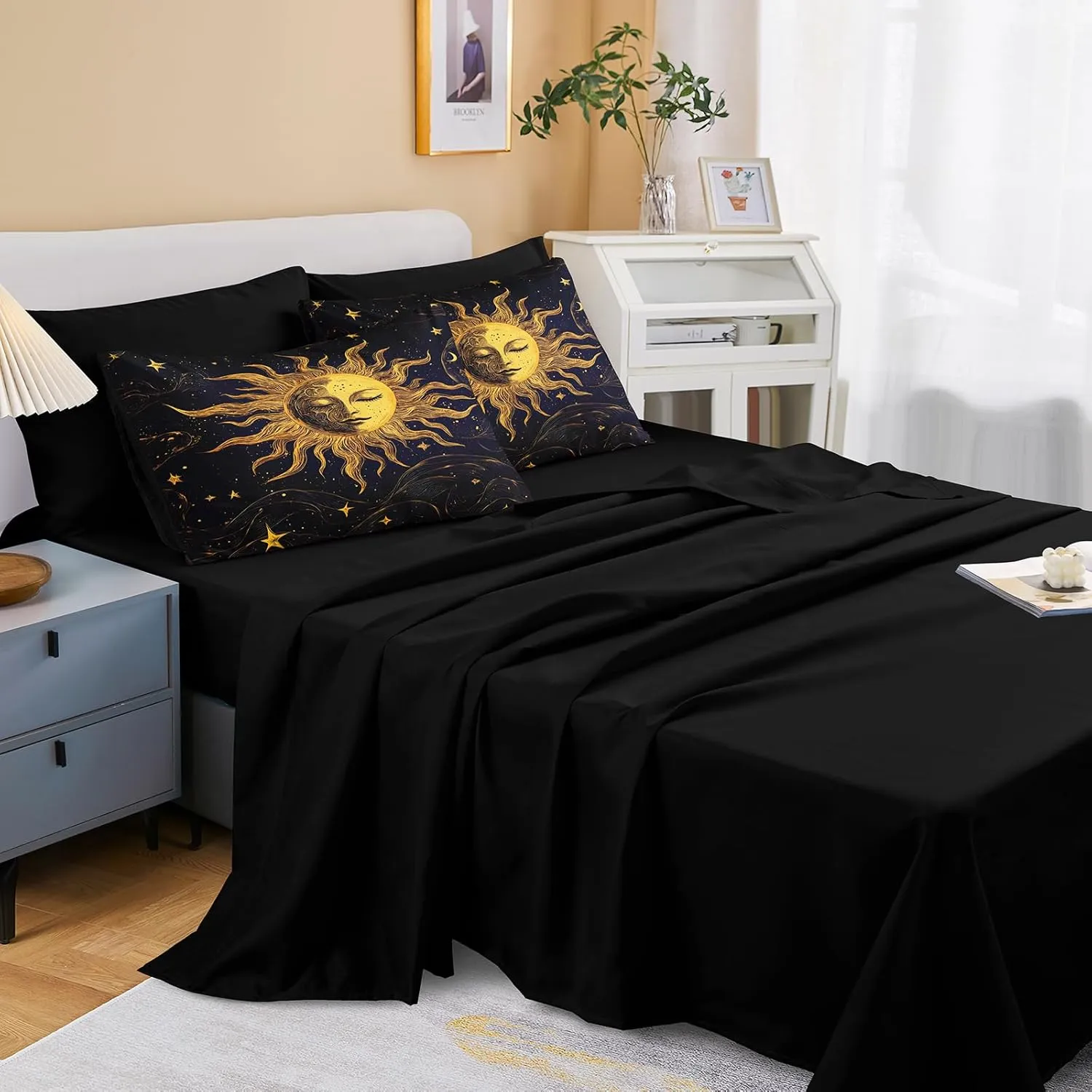 Merryword Purple Sun and Moon Comforter Set King Size 8 Pcs Bed in a Bag Galaxy Celestial Bedding Set Bohemian Occult Crescent Solar Stars Bedding Comforter Set