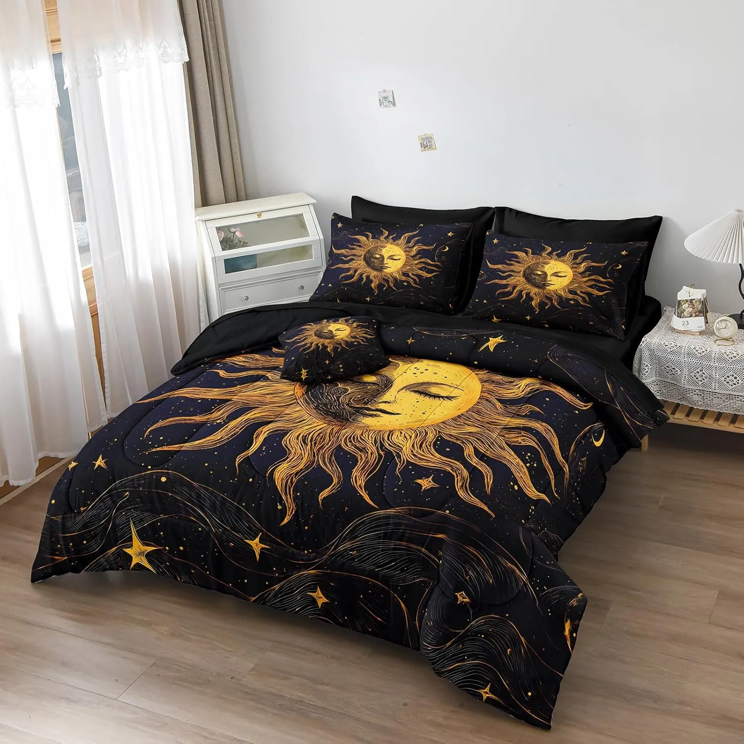Merryword Purple Sun and Moon Comforter Set King Size 8 Pcs Bed in a Bag Galaxy Celestial Bedding Set Bohemian Occult Crescent Solar Stars Bedding Comforter Set