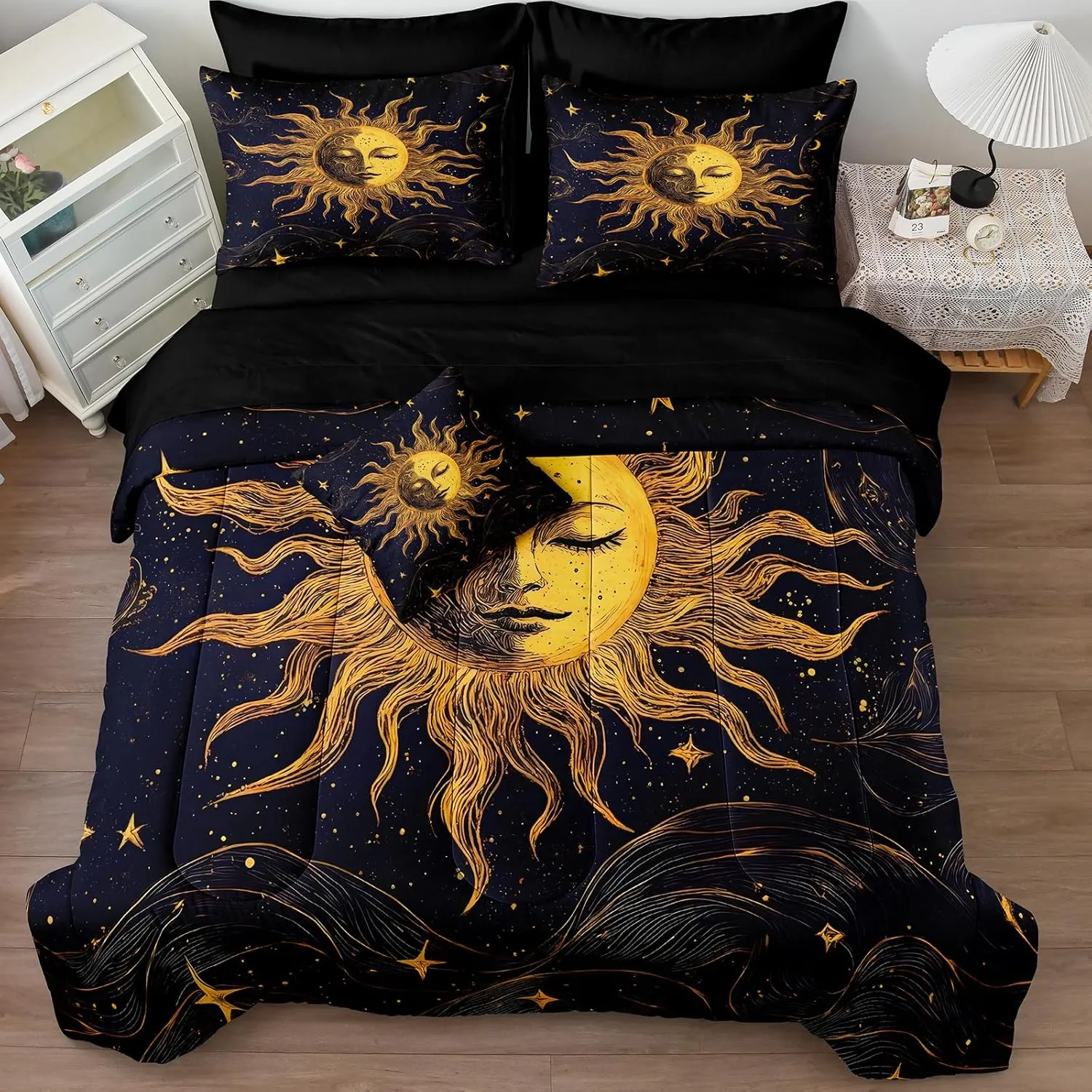 Merryword Purple Sun and Moon Comforter Set King Size 8 Pcs Bed in a Bag Galaxy Celestial Bedding Set Bohemian Occult Crescent Solar Stars Bedding Comforter Set