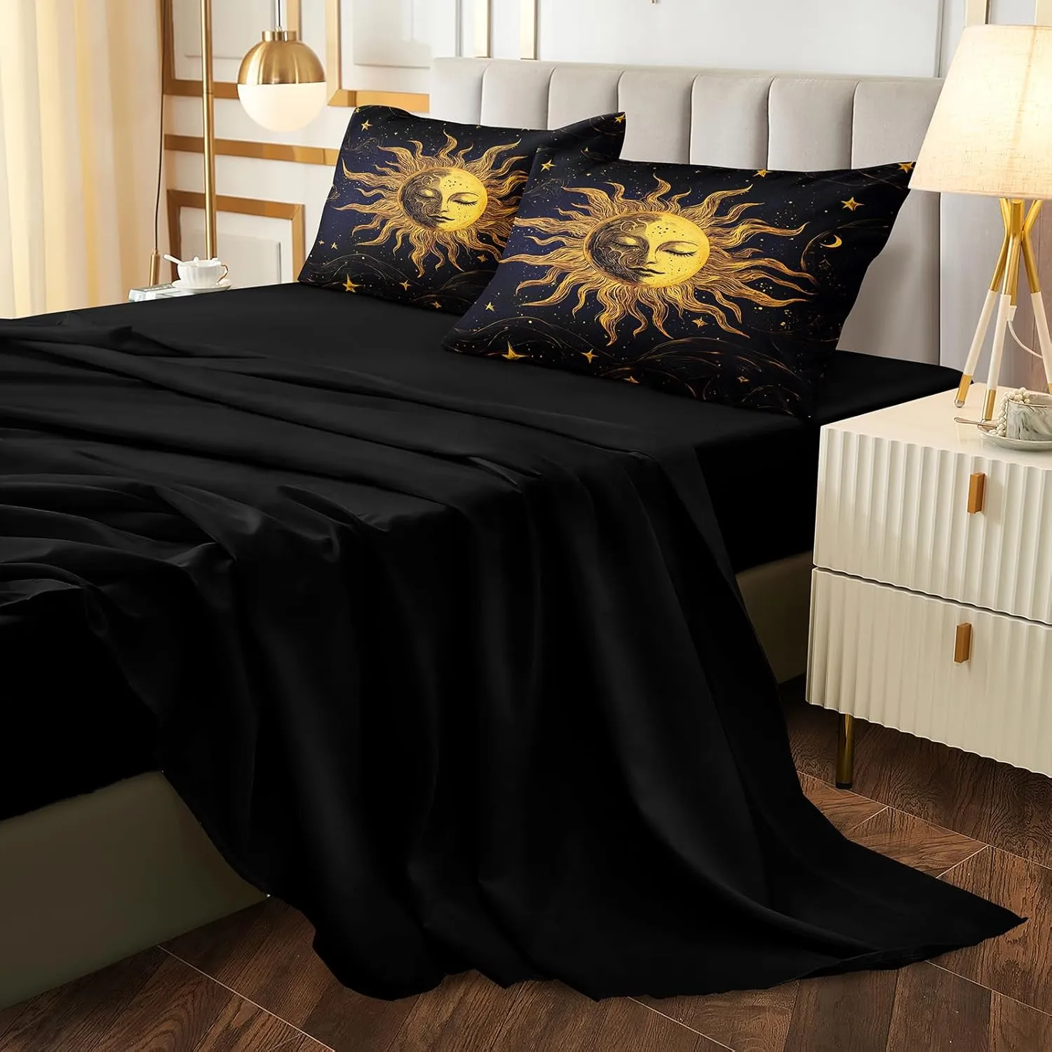 Merryword Purple Sun and Moon Comforter Set King Size 8 Pcs Bed in a Bag Galaxy Celestial Bedding Set Bohemian Occult Crescent Solar Stars Bedding Comforter Set