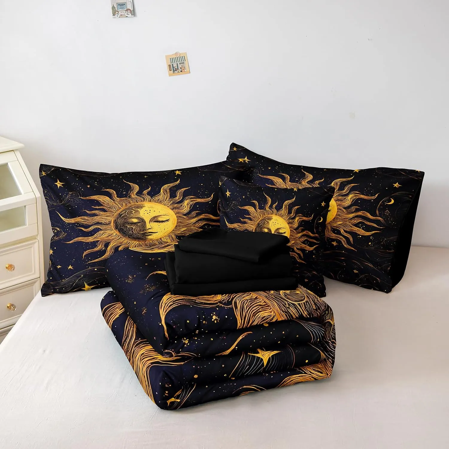 Merryword Purple Sun and Moon Comforter Set King Size 8 Pcs Bed in a Bag Galaxy Celestial Bedding Set Bohemian Occult Crescent Solar Stars Bedding Comforter Set