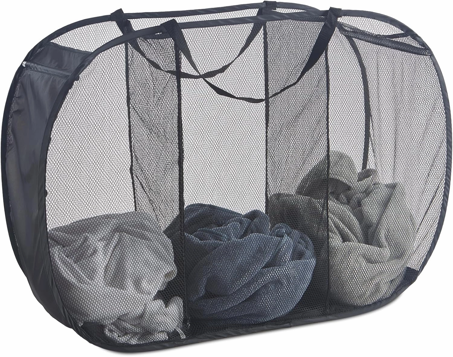 Mesh Popup Laundry Hamper 3 Compartment Sortable Horizontal Collapsible Laundry Basket for Clothes Laundry Room Bedroom Toys Travel (Black)