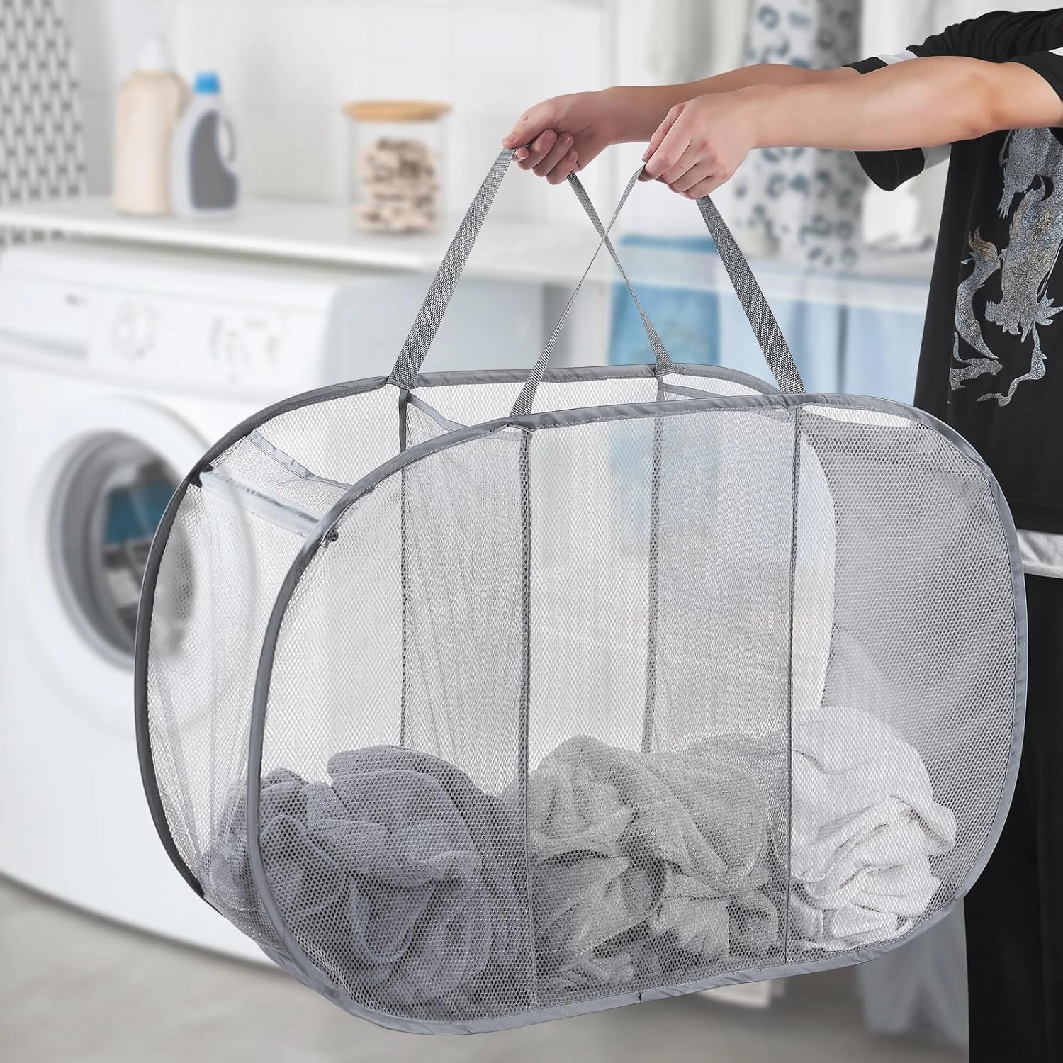 Mesh Popup Laundry Hamper 3 Compartment Sortable Horizontal Collapsible Laundry Basket for Clothes Laundry Room Bedroom Toys Travel (Gray)