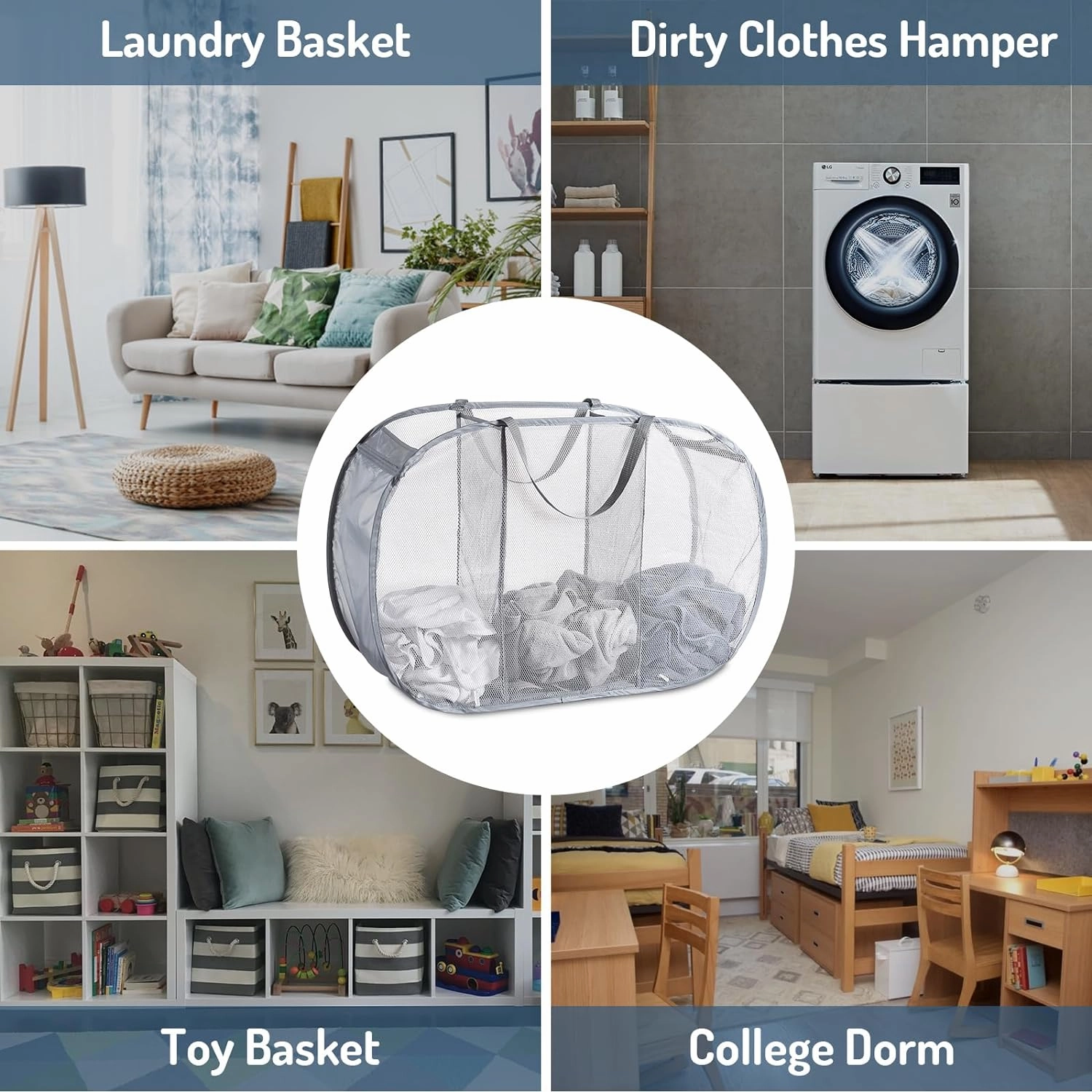 Mesh Popup Laundry Hamper 3 Compartment Sortable Horizontal Collapsible Laundry Basket for Clothes Laundry Room Bedroom Toys Travel (Gray)