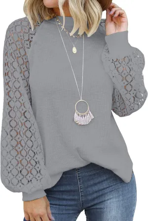 MIHOLL Women’s Long Sleeve Tops Lace Casual Loose Blouses T Shirts