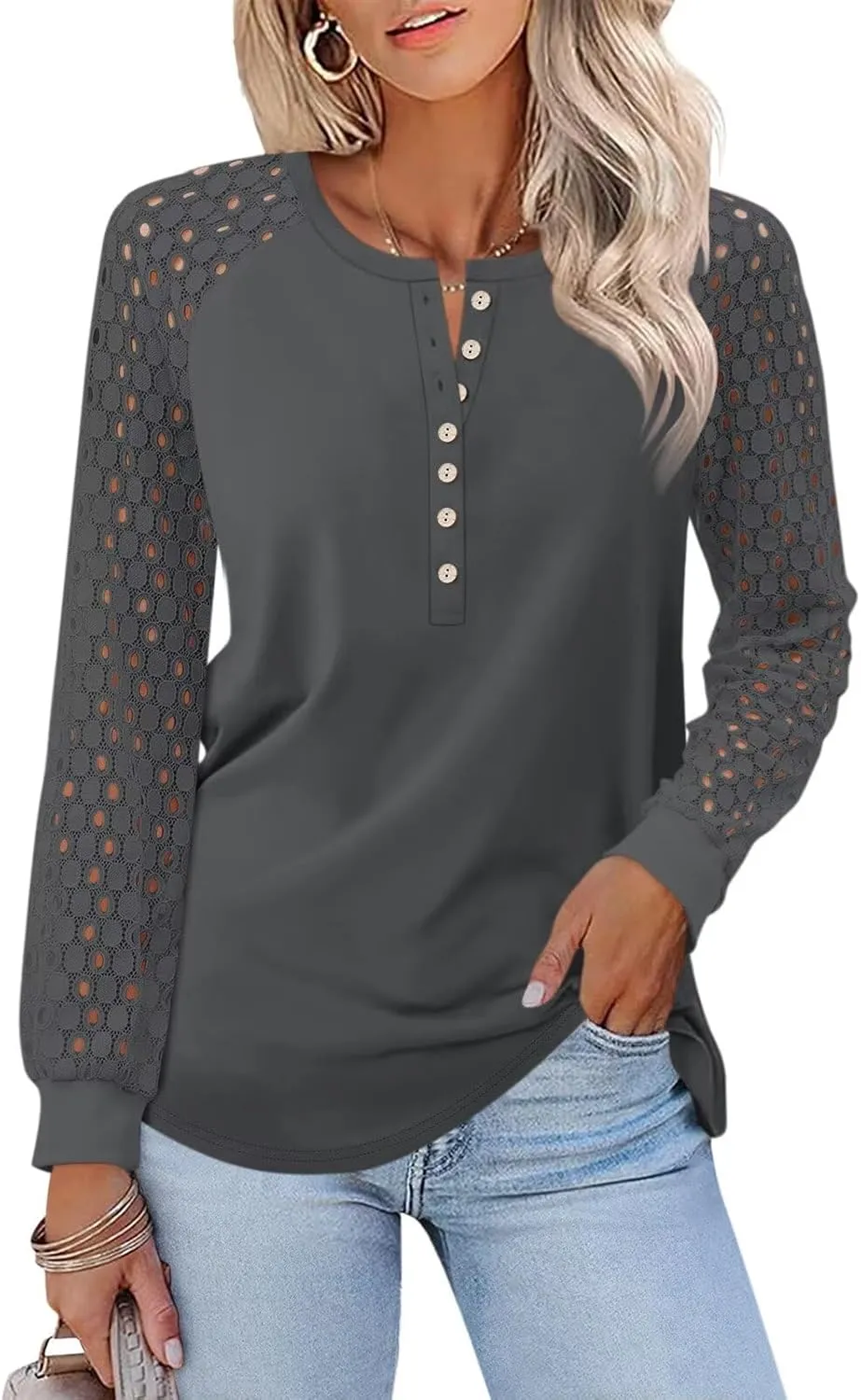 Minetom Women's Lace Long Sleeve Tops Henley Shirts Casual Blouses T Shirts Fall Clothes