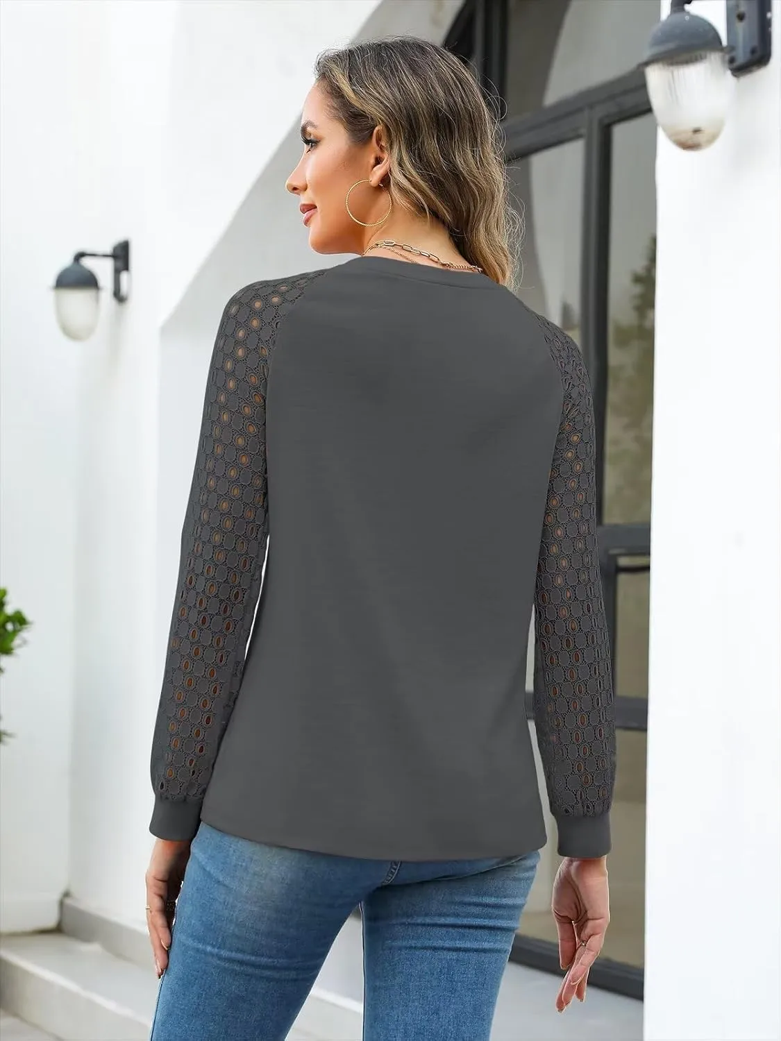 Minetom Women's Lace Long Sleeve Tops Henley Shirts Casual Blouses T Shirts Fall Clothes