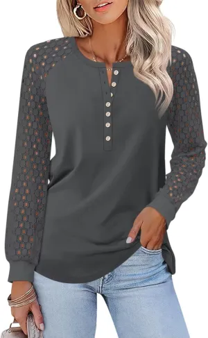 Minetom Women's Lace Long Sleeve Tops Henley Shirts Casual Blouses T Shirts Fall Clothes