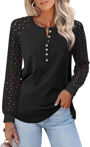 Minetom Women's Lace Long Sleeve Tops Henley Shirts Casual Blouses T Shirts Fall Clothes