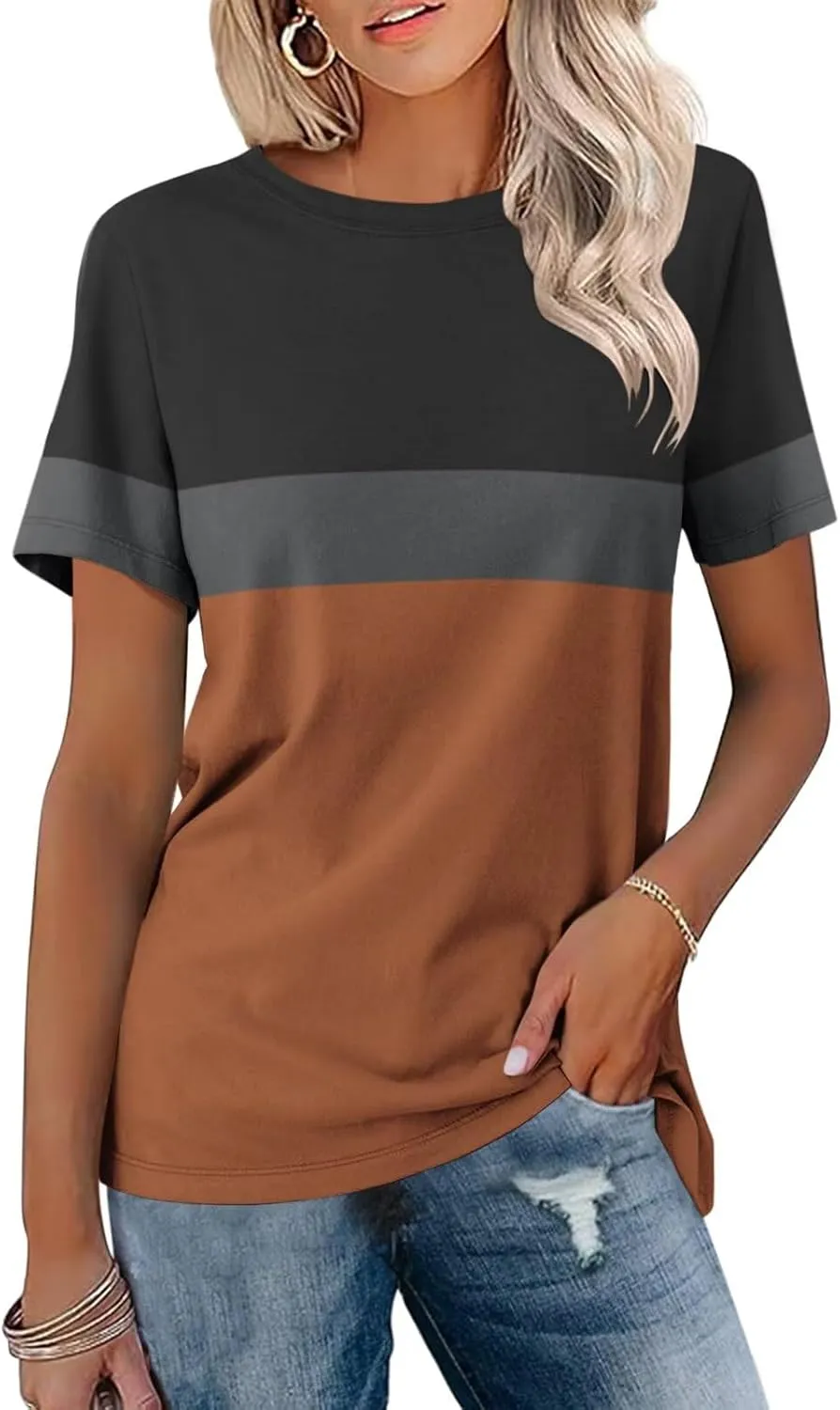 Minetom Women’s T Shirts Color Block Short Sleeve Tops Casual Summer Tees