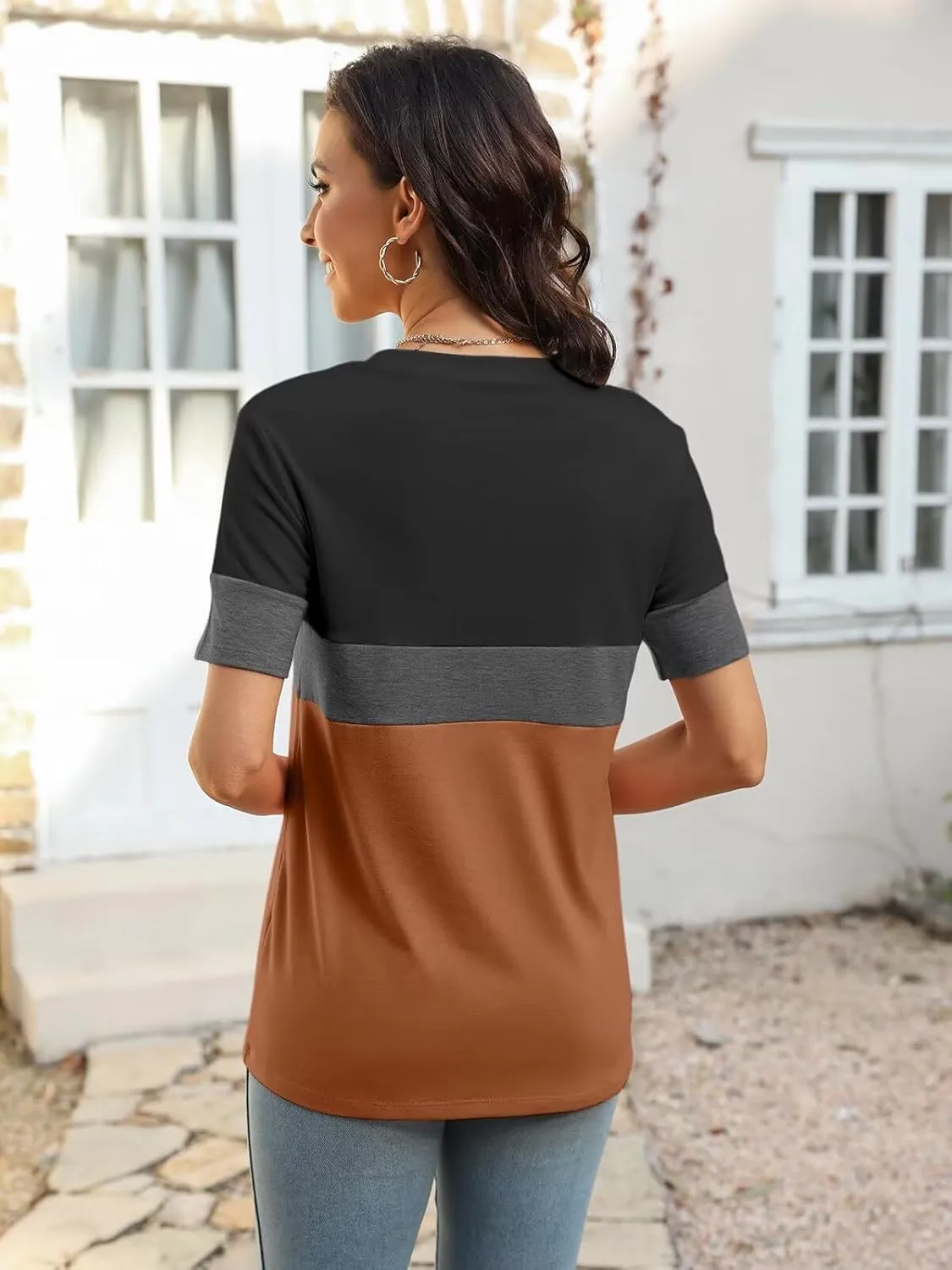 Minetom Women’s T Shirts Color Block Short Sleeve Tops Casual Summer Tees