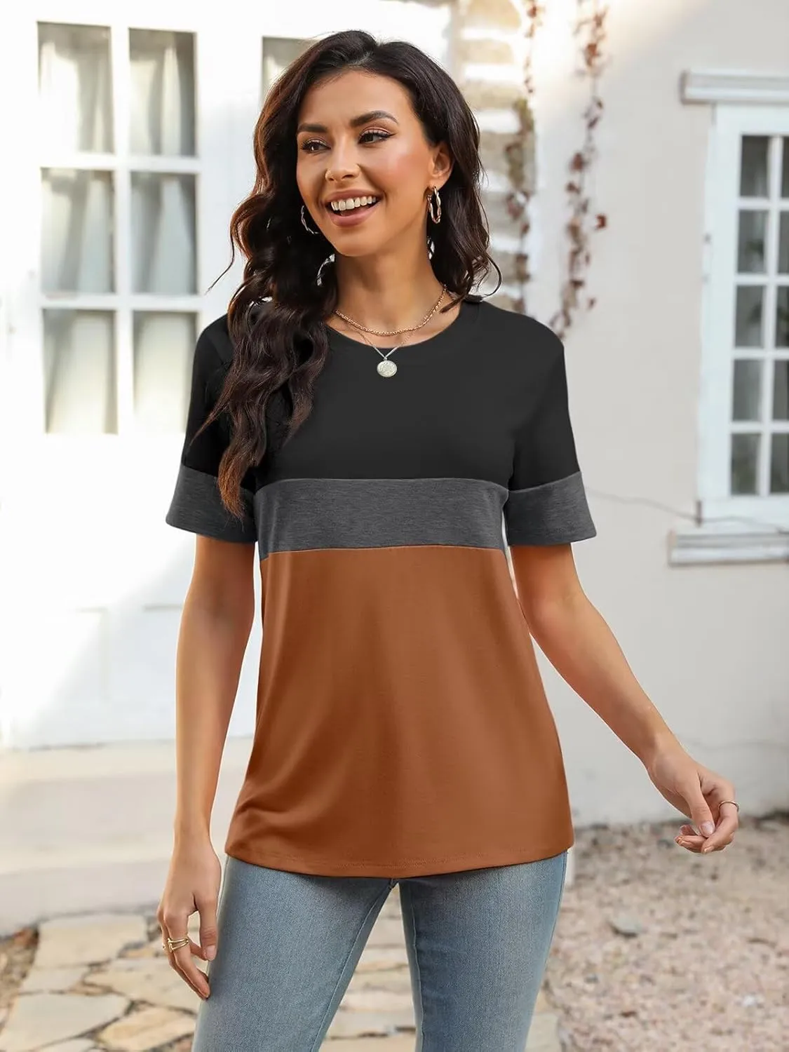 Minetom Women’s T Shirts Color Block Short Sleeve Tops Casual Summer Tees
