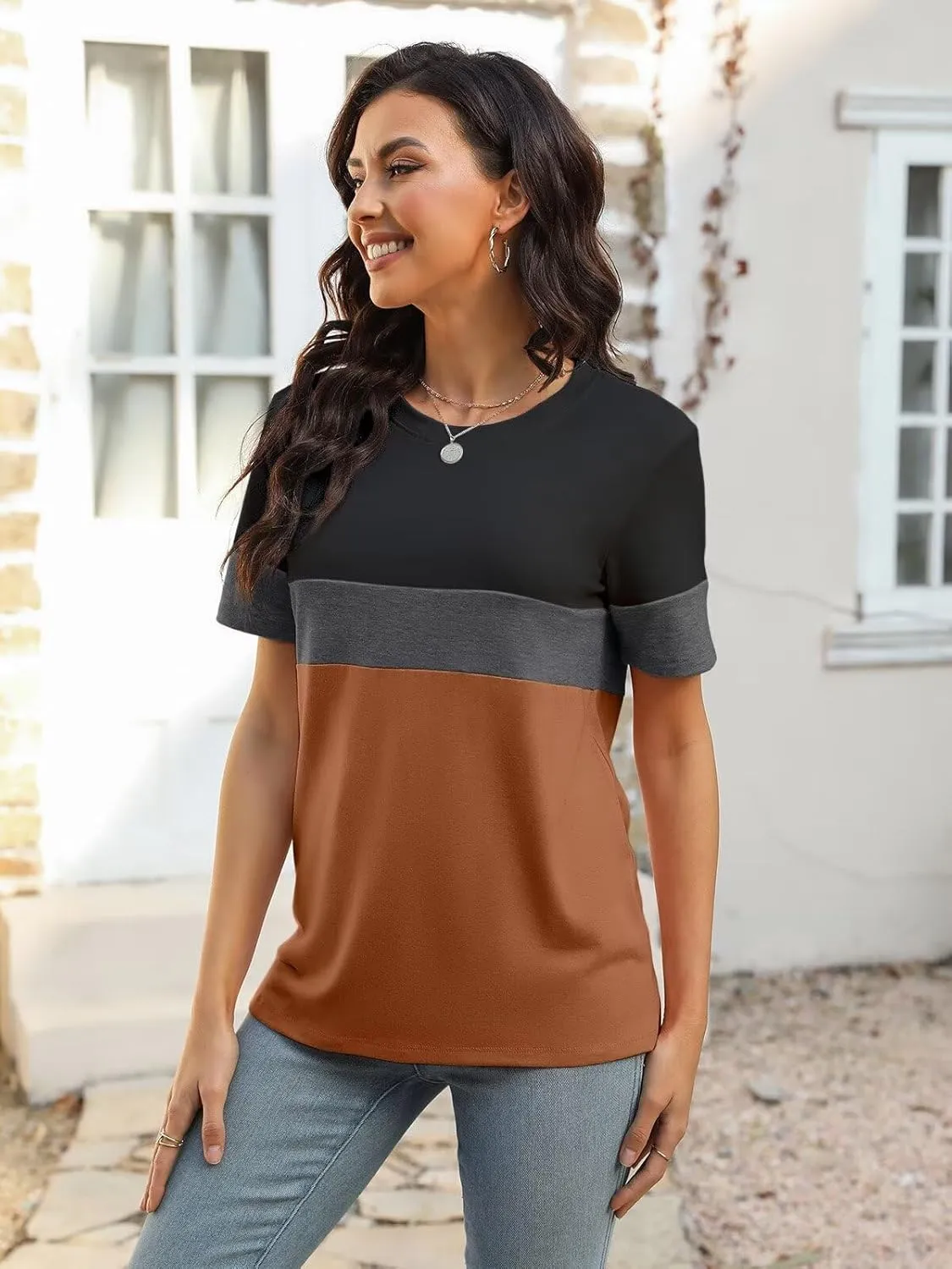 Minetom Women’s T Shirts Color Block Short Sleeve Tops Casual Summer Tees
