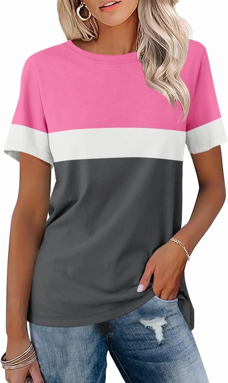 Minetom Women’s T Shirts Color Block Short Sleeve Tops Casual Summer Tees