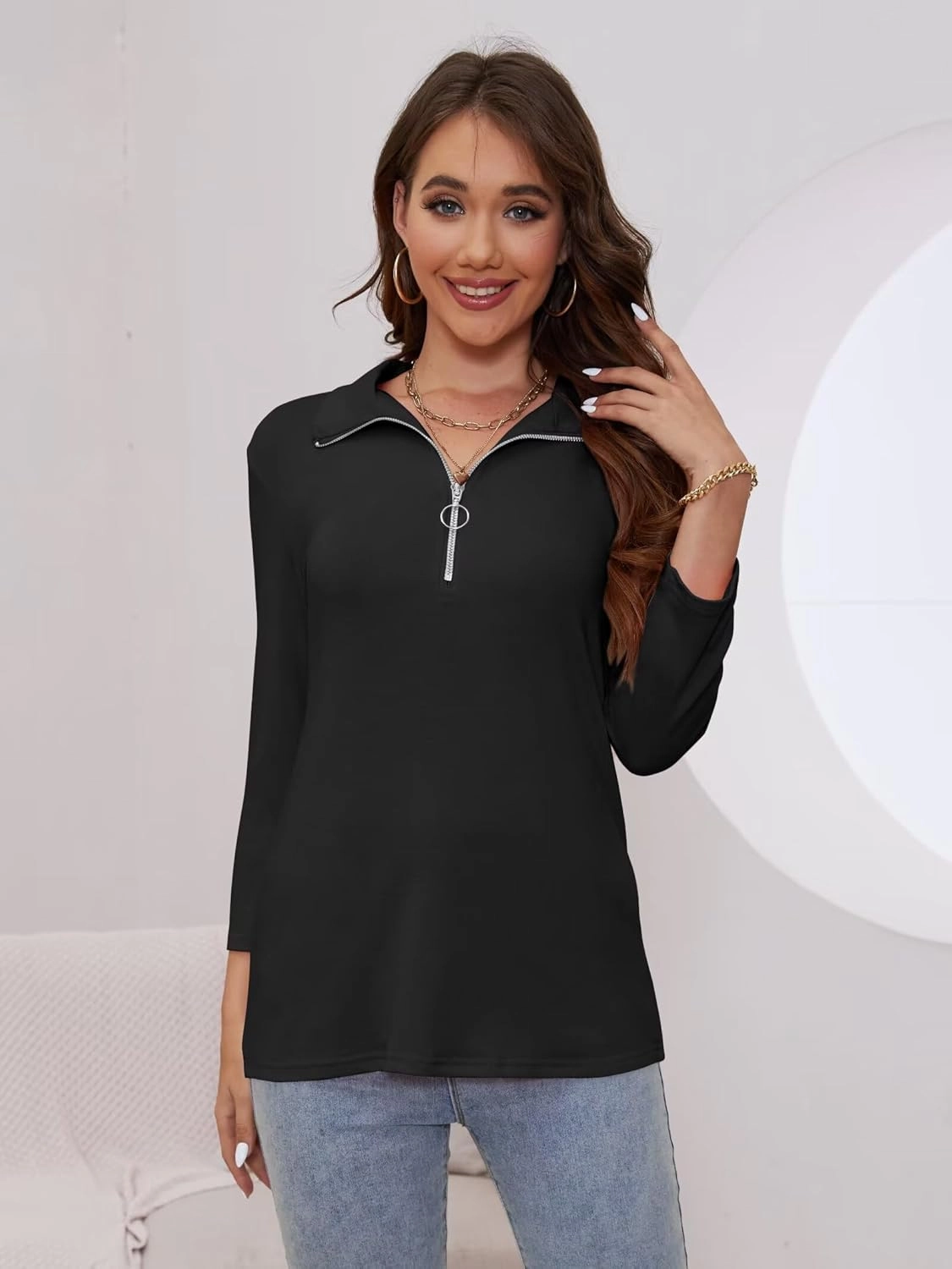 Minetom Women's V Neck 3/4 Sleeve Tops Quarter Zip Collared Shirts Polo Shirts Summer Tees