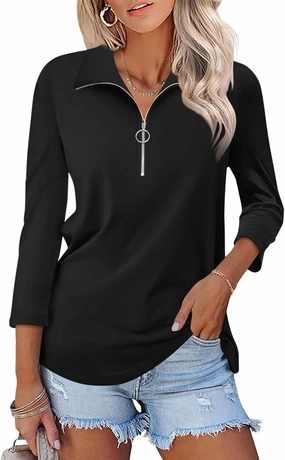 Minetom Women's V Neck 3/4 Sleeve Tops Quarter Zip Collared Shirts Polo Shirts Summer Tees