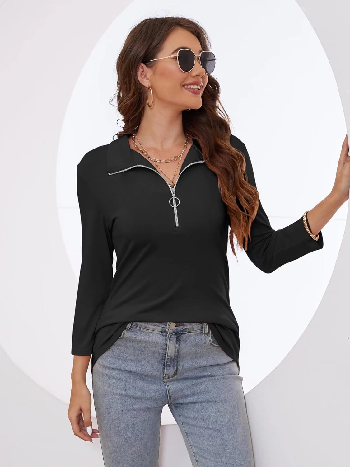 Minetom Women's V Neck 3/4 Sleeve Tops Quarter Zip Collared Shirts Polo Shirts Summer Tees