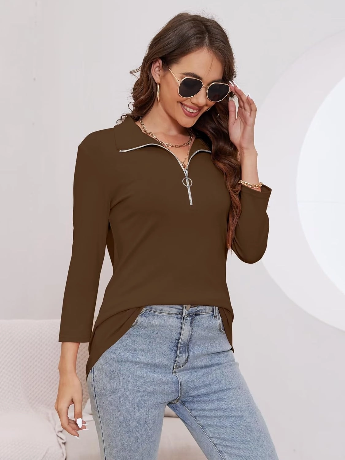Minetom Women's V Neck 3/4 Sleeve Tops Quarter Zip Collared Shirts Polo Shirts Summer Tees