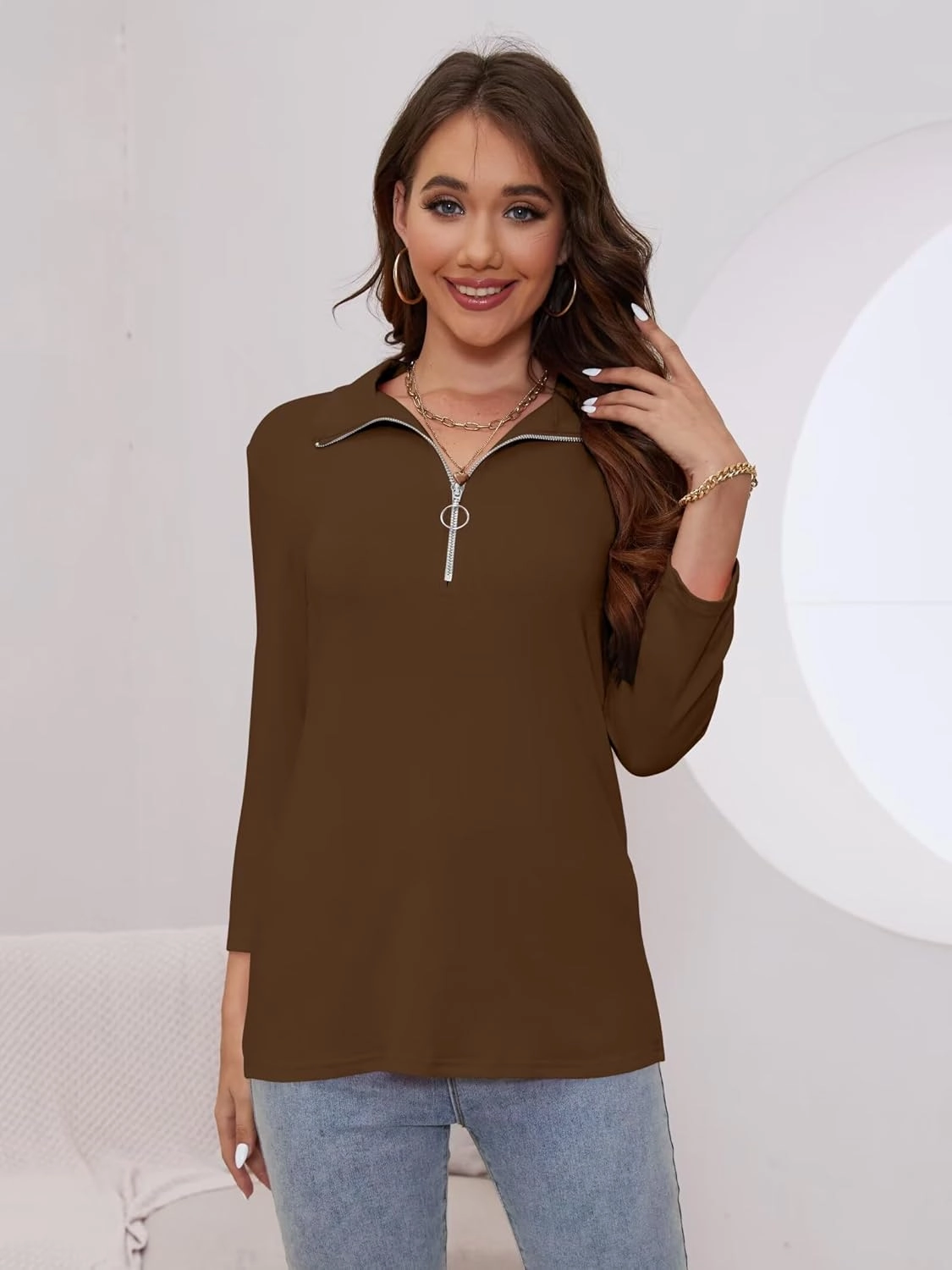 Minetom Women's V Neck 3/4 Sleeve Tops Quarter Zip Collared Shirts Polo Shirts Summer Tees